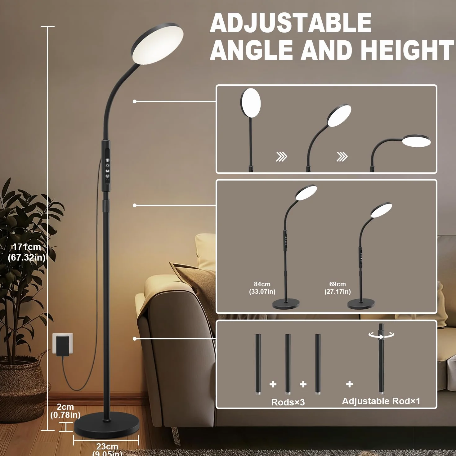 Lampadaire LED 20 000 Lux à Hauteur Réglable, 5 Couleurs, 10 Niveaux, Minuterie