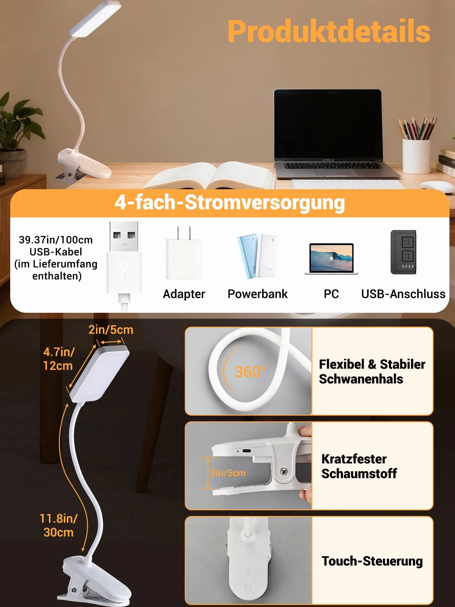 Lampe de Lecture à Pince 5 Couleurs 9 Luminosité Lampe LED Rechargeable 4000mAh 450 Lumen Sans Fil Flexible