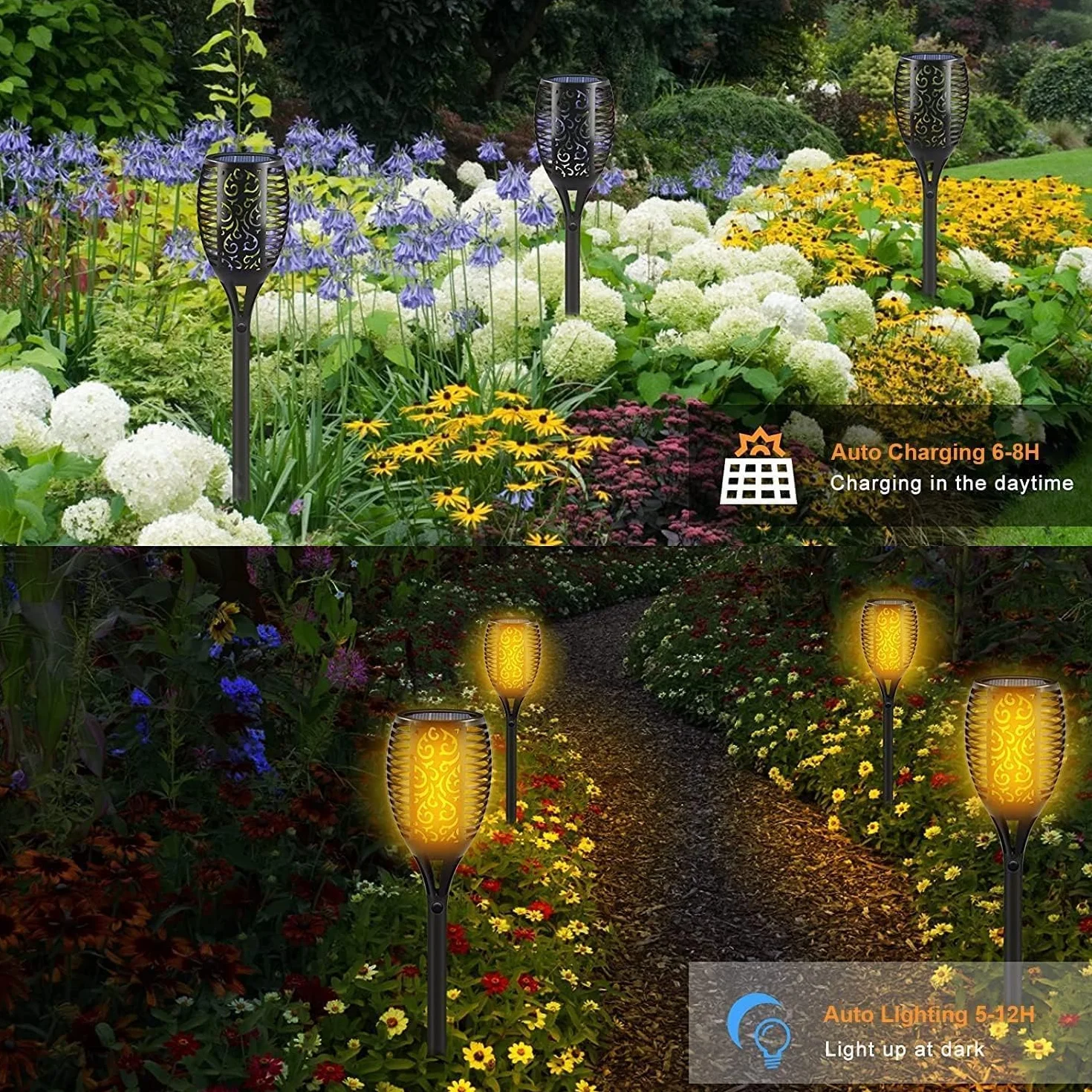 Lampe Solaire Extérieure 33 LED Flamme Vacillante IP65 Jardin 4 Pack