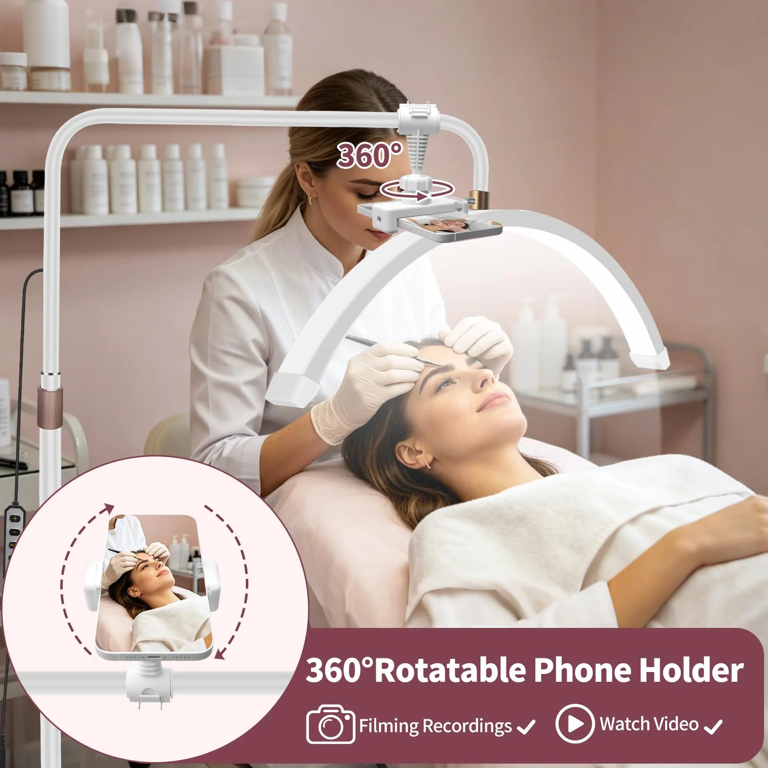 Lampe Demi Lune Extension De Cils Luminosité réglable Support pour téléphone Tête Rotative 360° Blanc