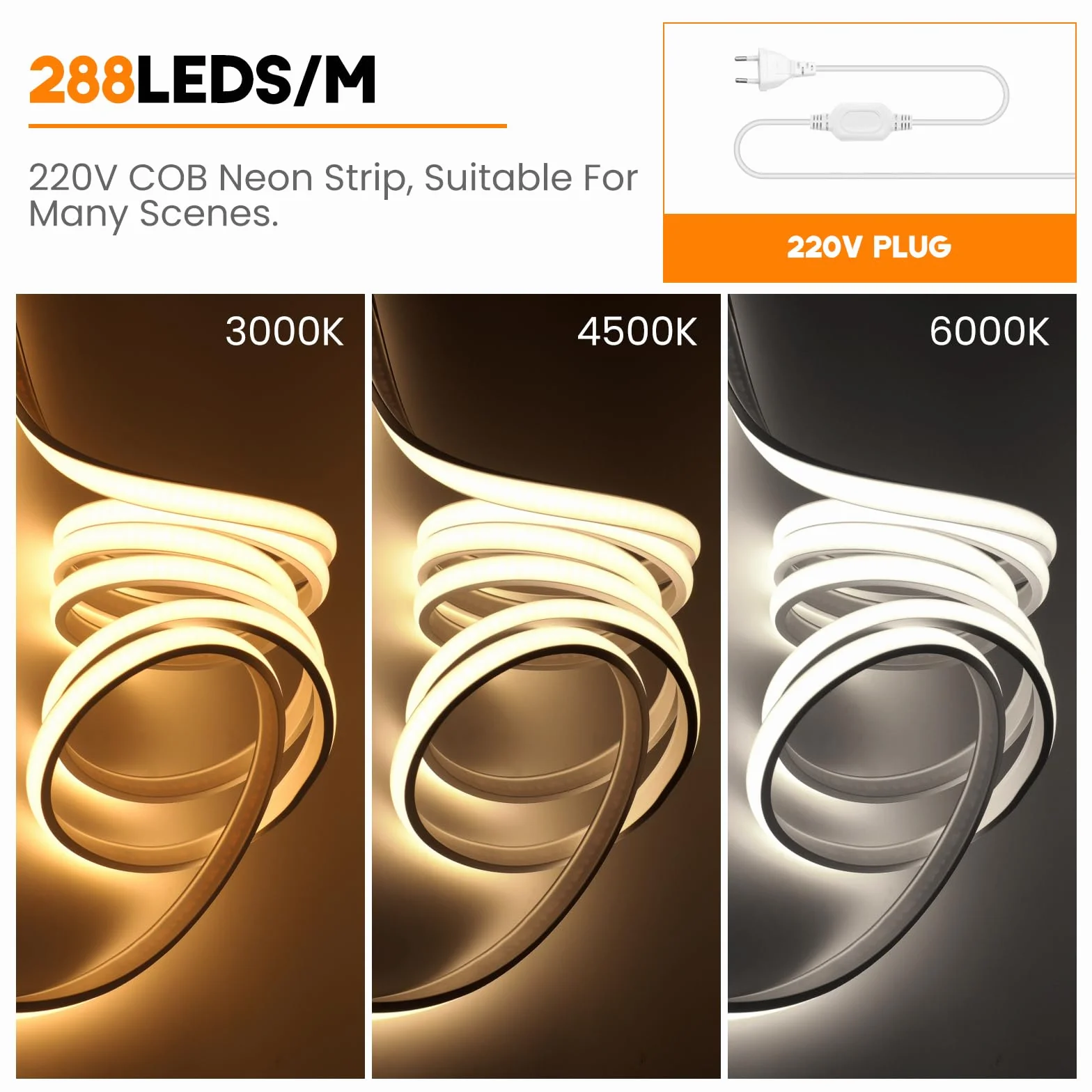 Bandeau LED COB 220V IP65 étanche Flexible néon LED Strip 288 Leds/m Blanc 4M
