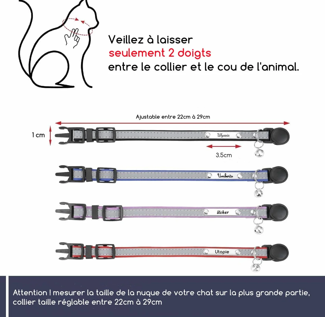 Collier Chat avec Gravure personnalisée, Clochette, Boucle sécurité Anti-étranglement, Bande réfléchissante