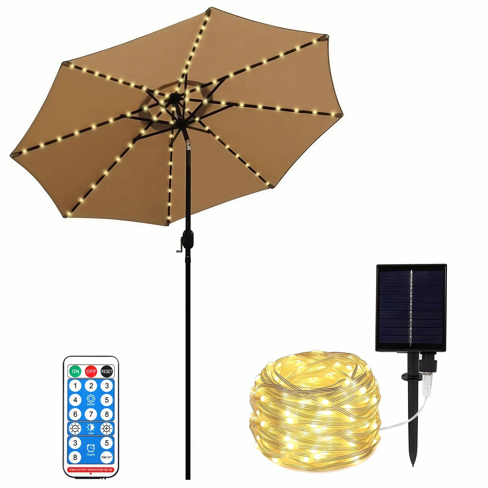 Guirlande lumineuse solaire pour parasol LED 104 LED IP67 étanche 8 modes télécommande