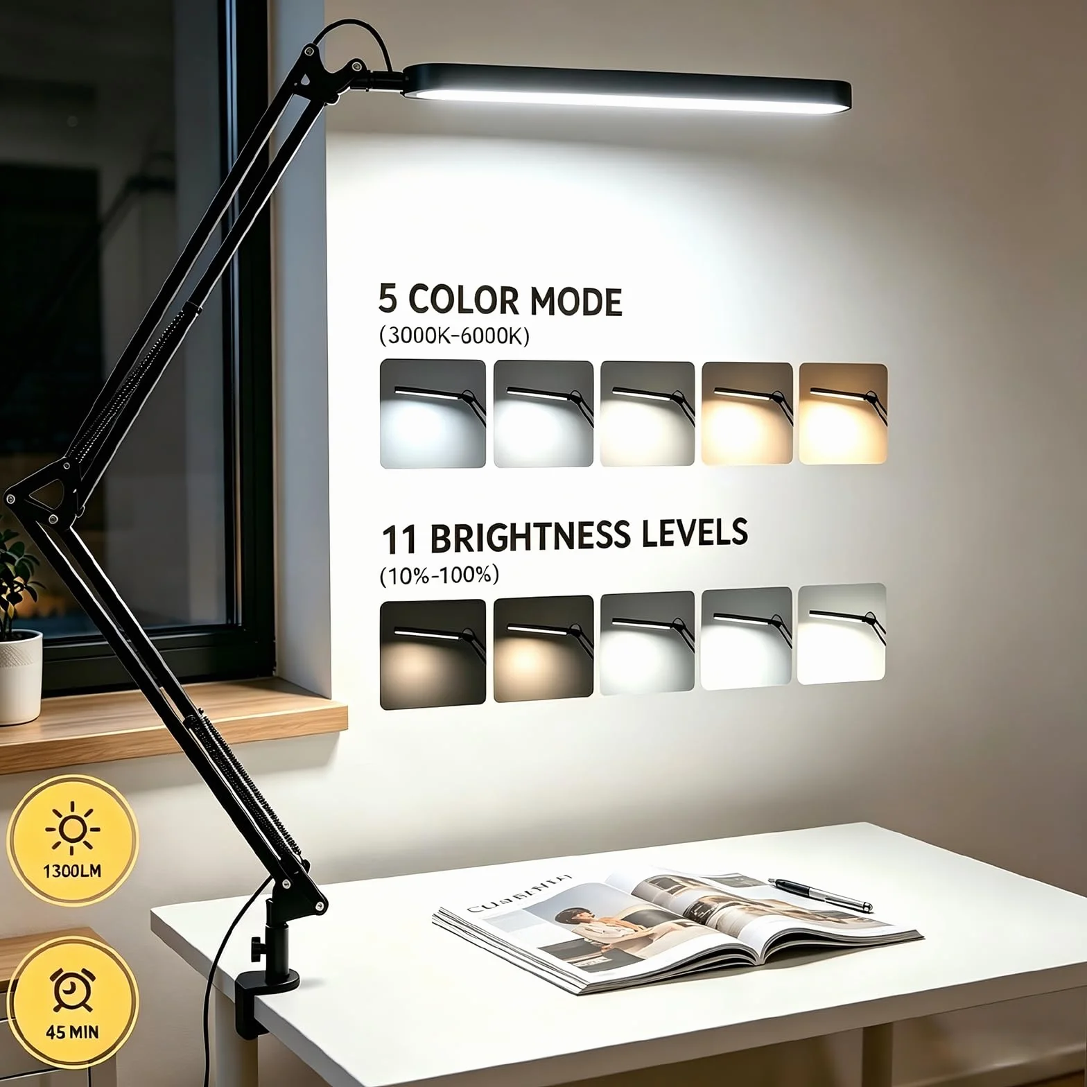 SKYLEO Lampe de Bureau LED 1300LM 5 Modes de Couleur 11 Niveaux de Luminosité Bras Pivotant Réglable 12W Noir