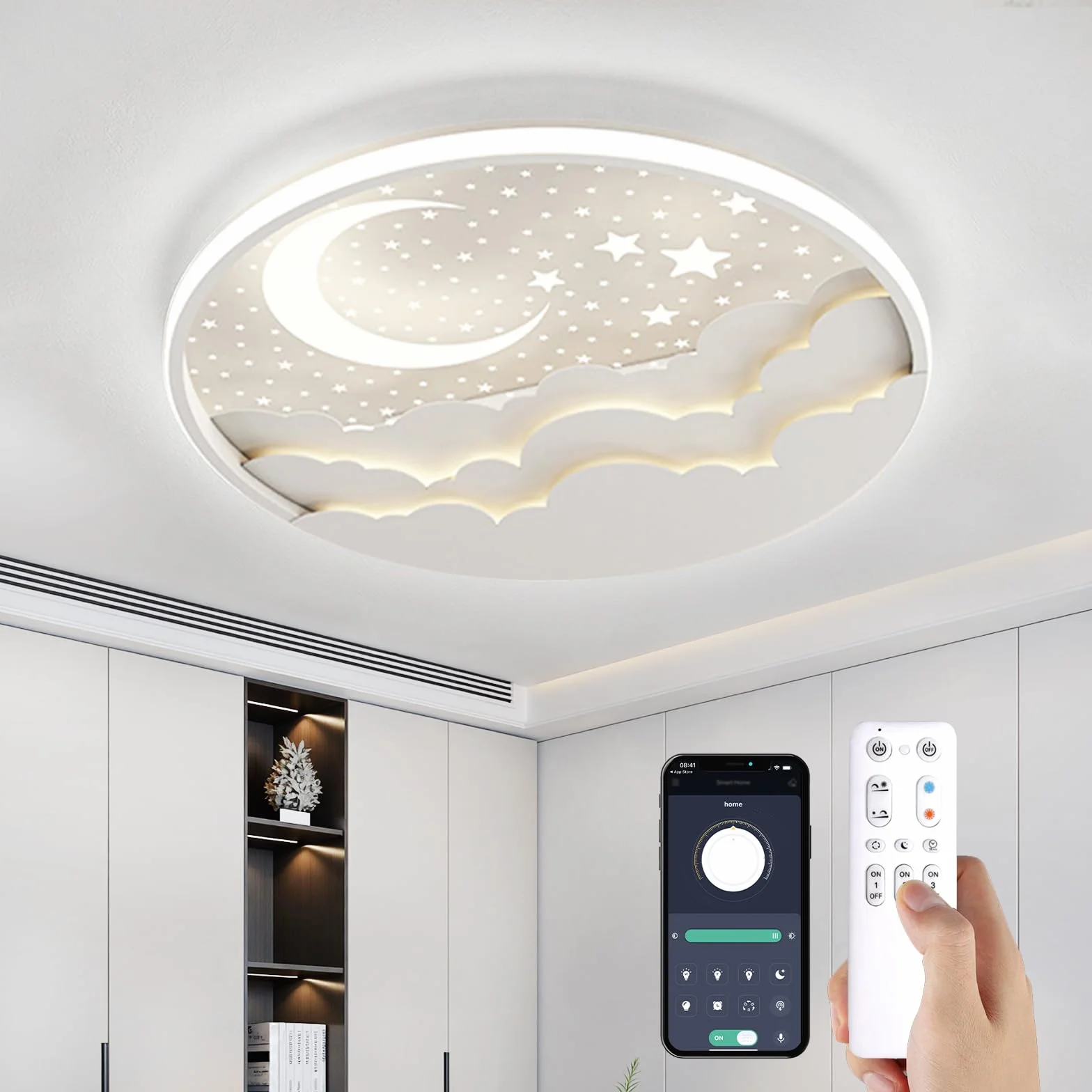 Plafonnier LED Enfant 40cm Étoile Lune Dimmable avec Télécommande APP Veilleuse