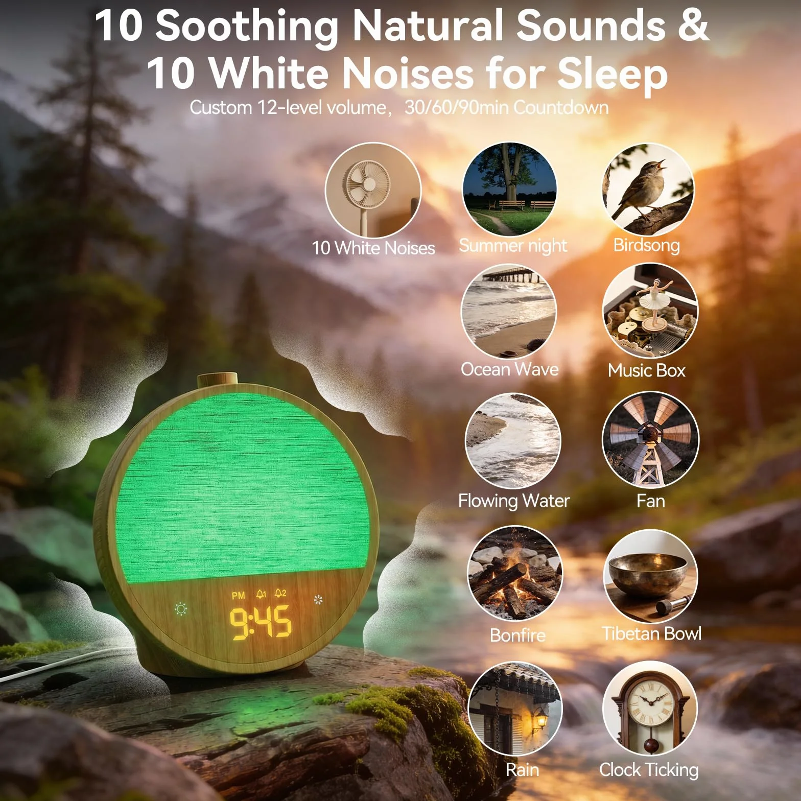 Réveil à lumière du jour blonbar, réveil avec lumière au lever du soleil, lampe de nuit 10 sons naturels et blancs, veilleuse RVB