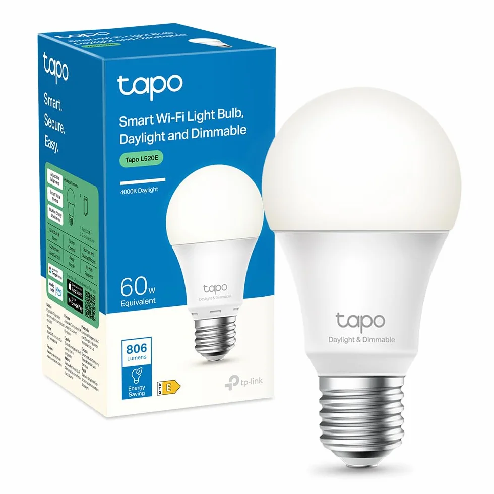 Tapo Ampoule Connectée WiFi LED E27 Blanc 4000K Dimmable 8W 806Lm Compatible Alexa Google Home L520E