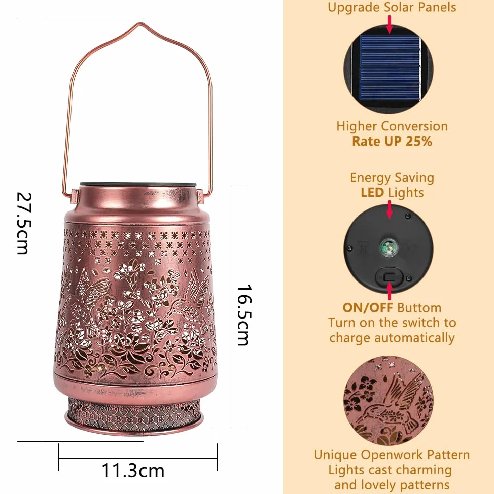 HOTUT Lanterne Solaire Exterieur Colibri, Lampe Solaire Jardin Métal IP65 Étanche LED Suspendue Suspendre/Poser