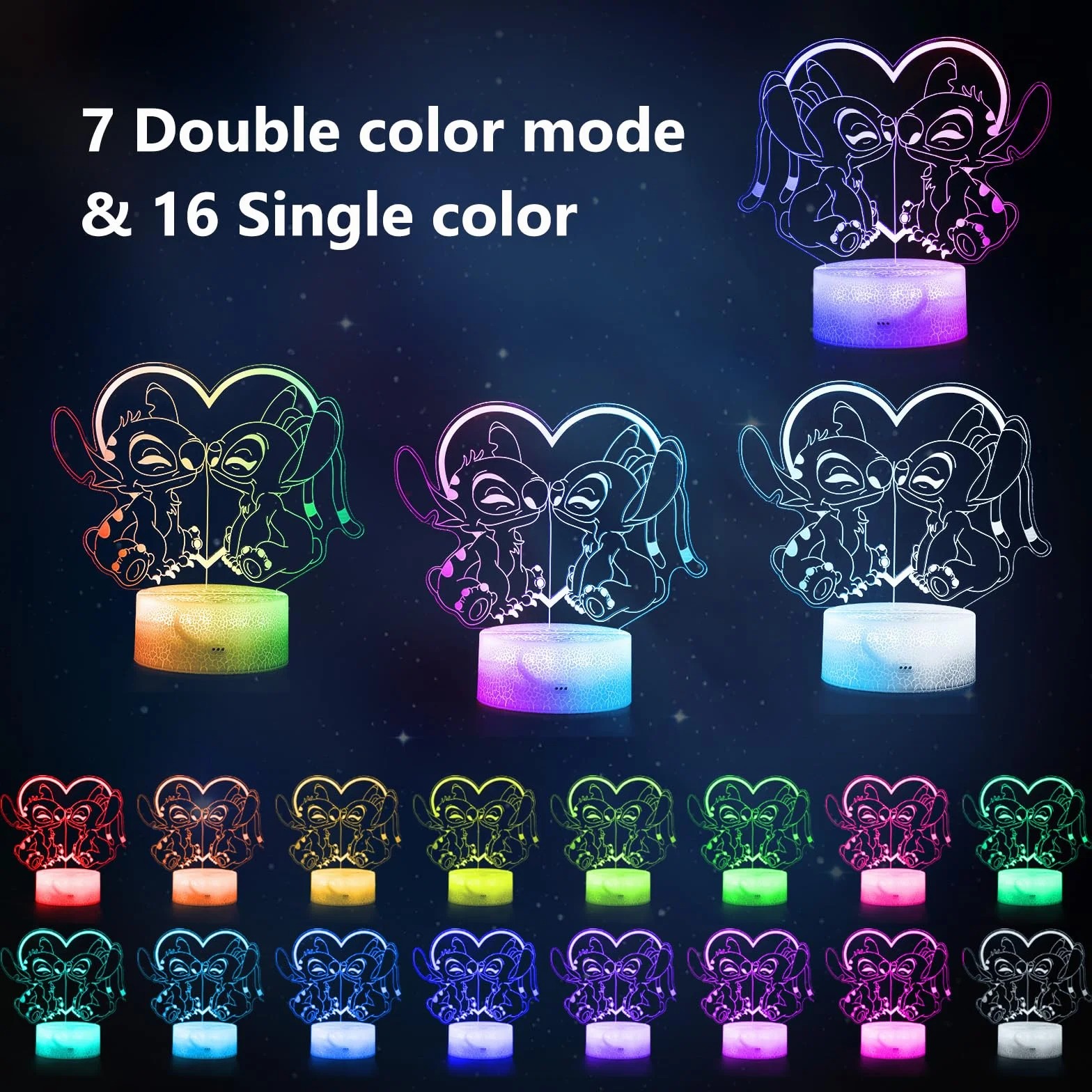 Lampada Stitch 3D LED 32 Couleurs Double Affichage Veilleuse avec Télécommande Smart Touch Décoration Chambre Enfant Cadeau Anniversaire Noël