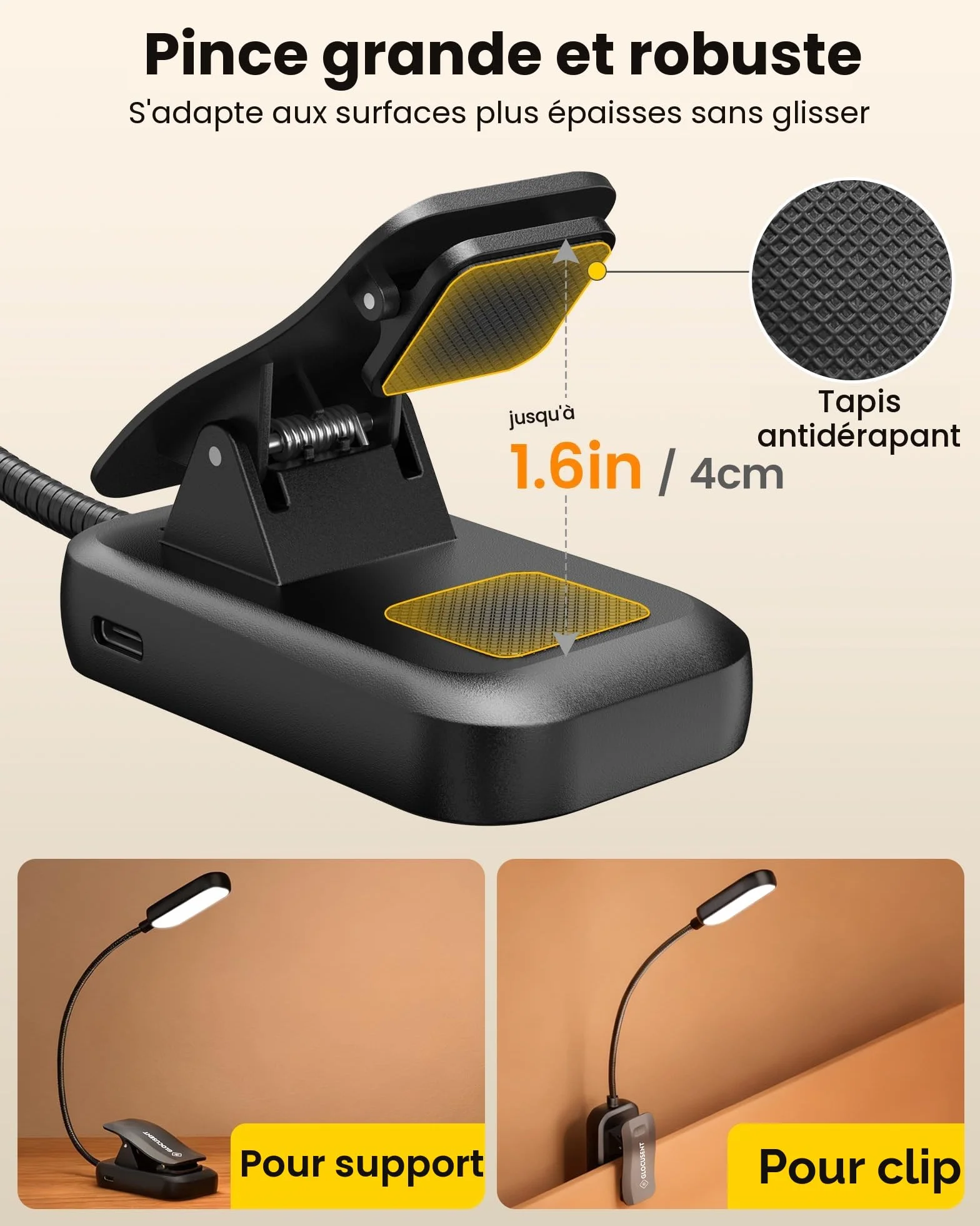 Glocusent Lampe de Lecture Rechargeable 20 LED Clip, Gradation Progressive 5 Modes Protection des Yeux, 3-100LM, 360° Cou Flexible Noir