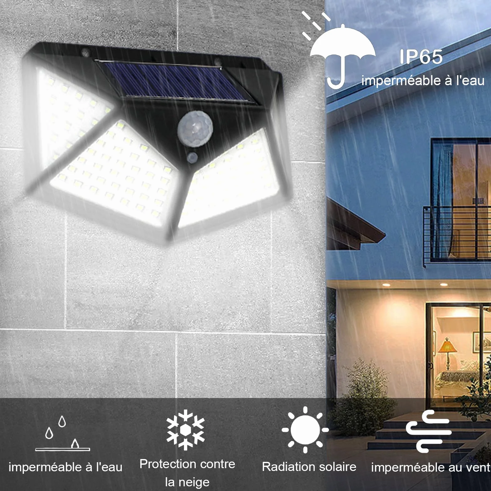 Lampe Solaire Extérieur avec Détecteur de Mouvement 100 LED IP65 Etanche 3 Modes Angle 270° Batterie 800mAh Lot de 4