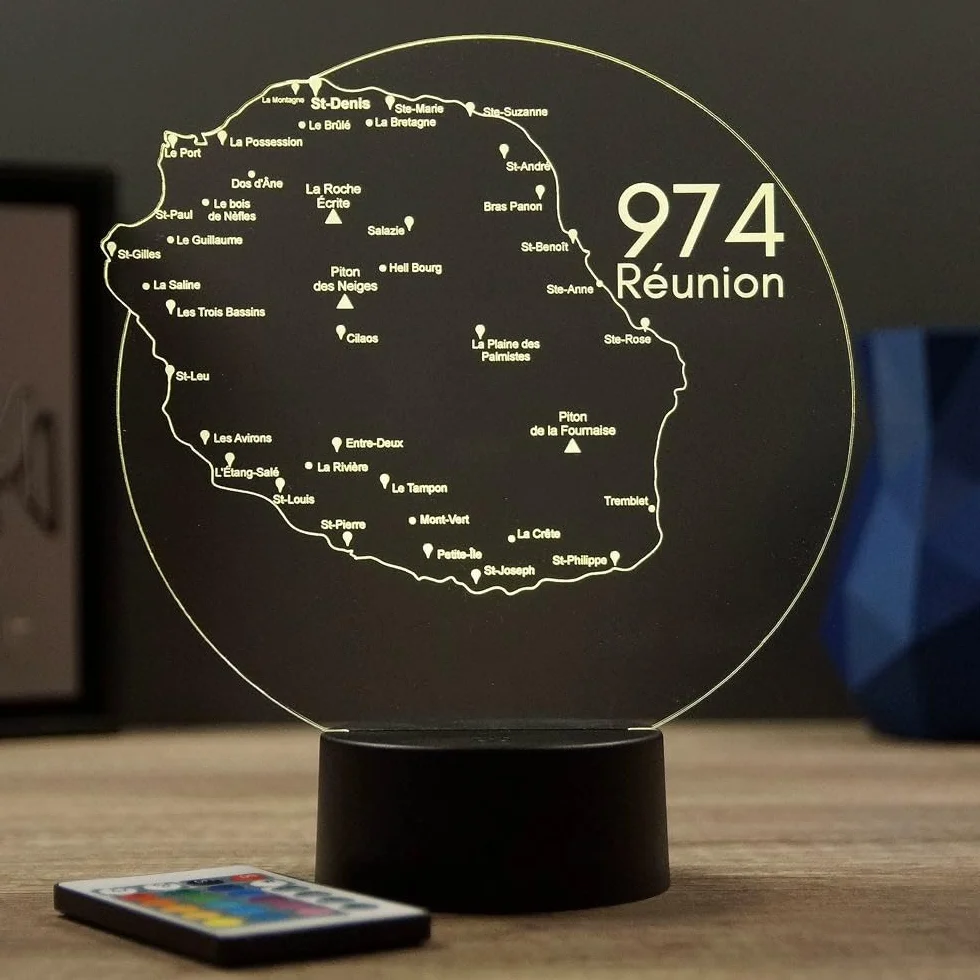 Lampe 3D Île de la Réunion 974 Veilleuse Carte Gravée Illusion Optique 16 Couleurs Télécommande USB Piles