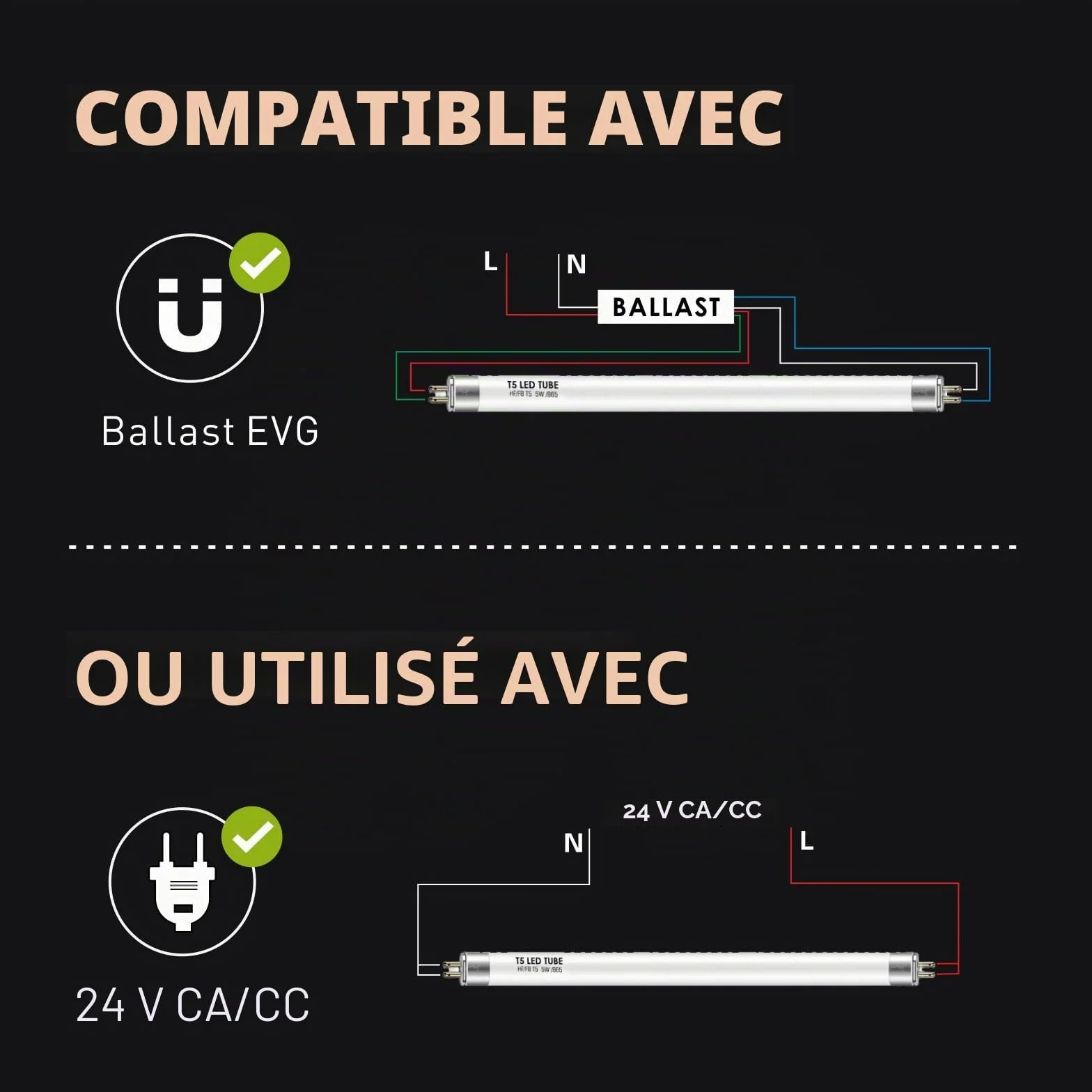 Tube LED T5 288 mm 5 W 685 lm 6500 K G5 865 Blanc Lumière du Jour