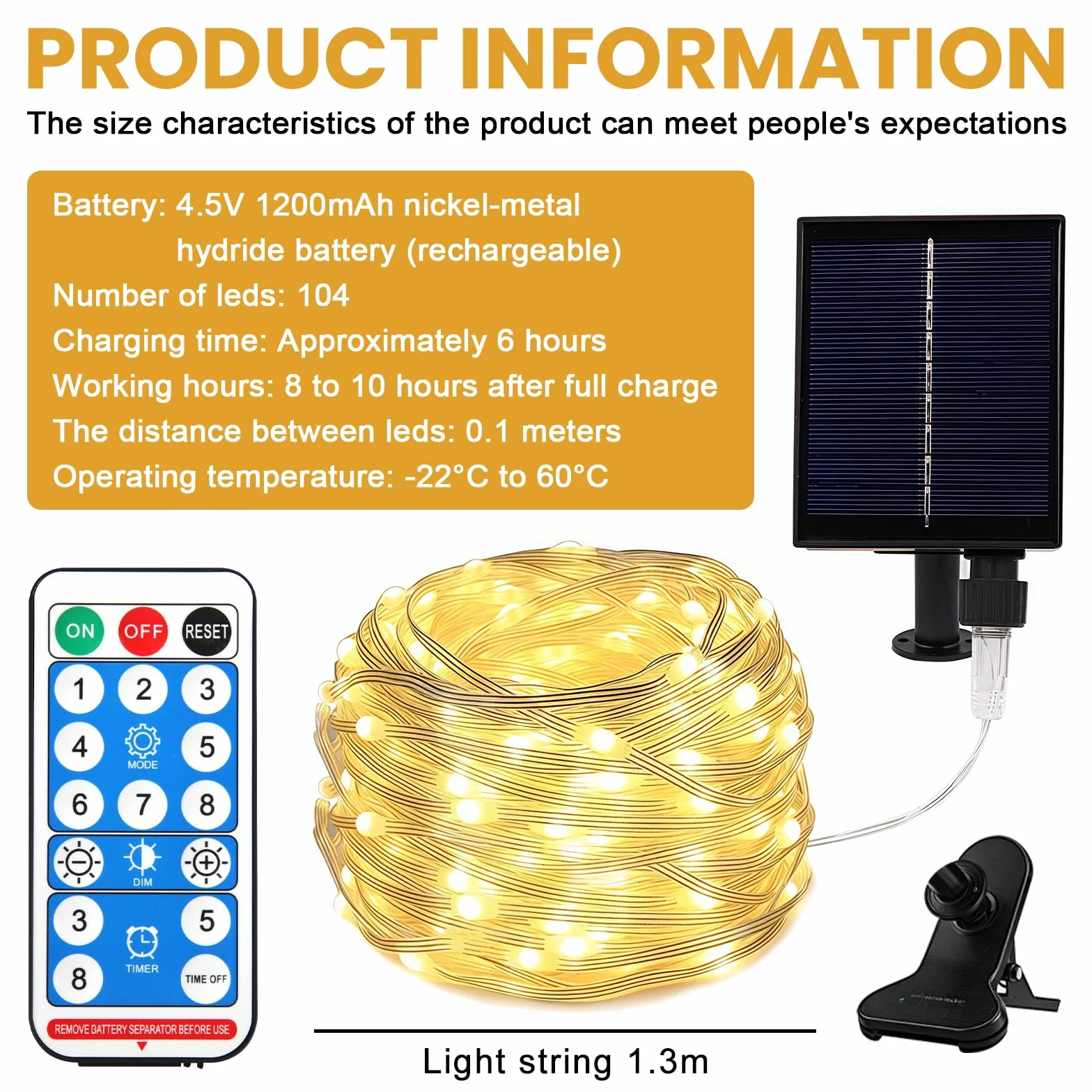 Guirlande lumineuse solaire pour parasol LED 104 LED IP67 étanche 8 modes télécommande