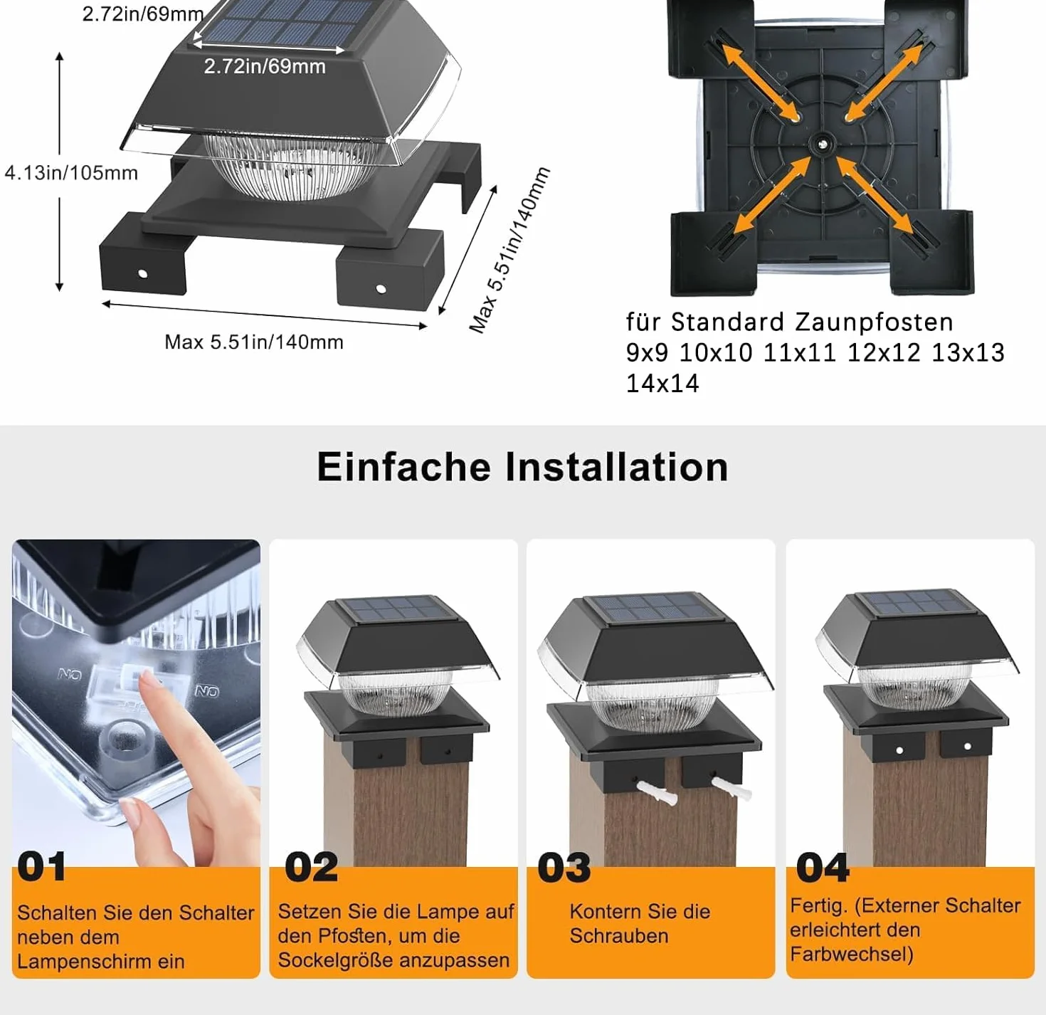 Capuchons solaires LED pour poteaux de clôture 9x9 à 14x14, blanc chaud et froid, IP65