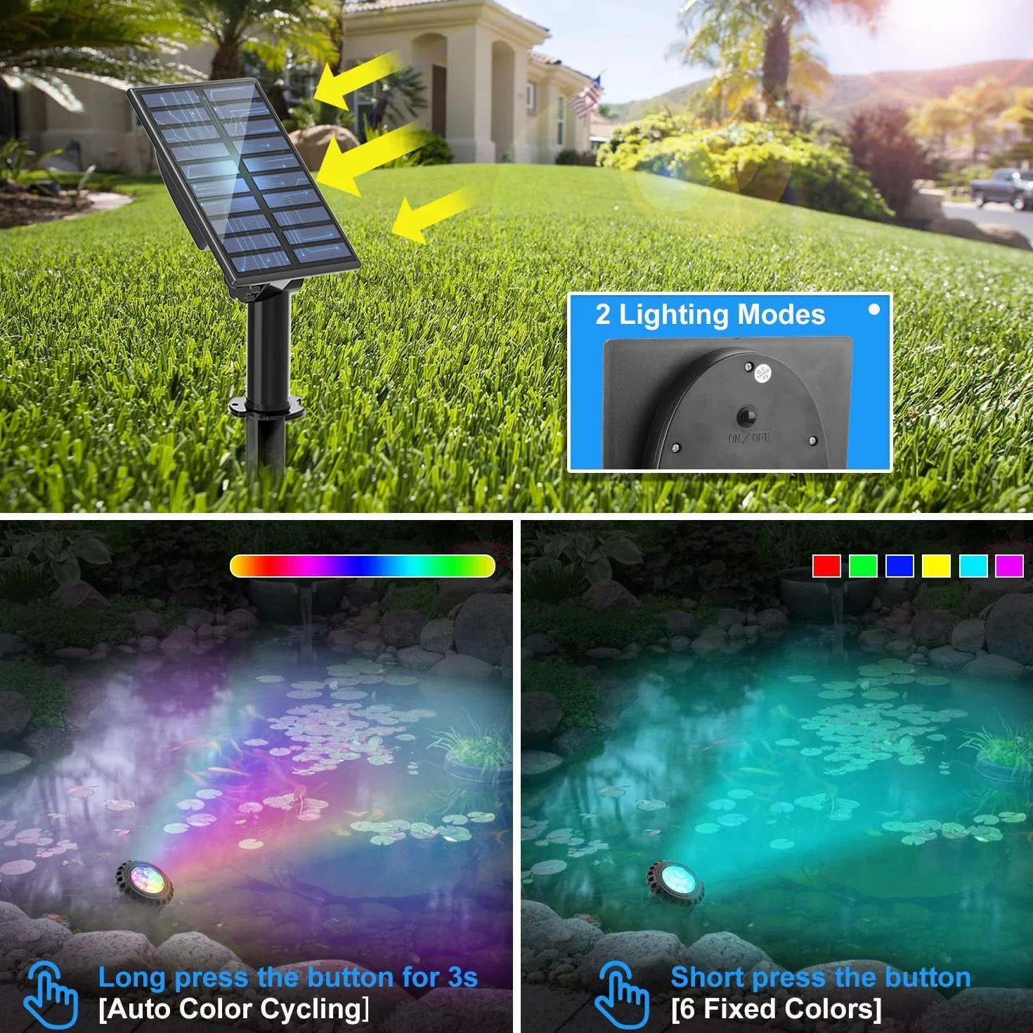 NATPOW Lampe Solaire LED Submersible IP68, 2 Modes RGB 5.5V Éclairage Piscine, 3 en 1