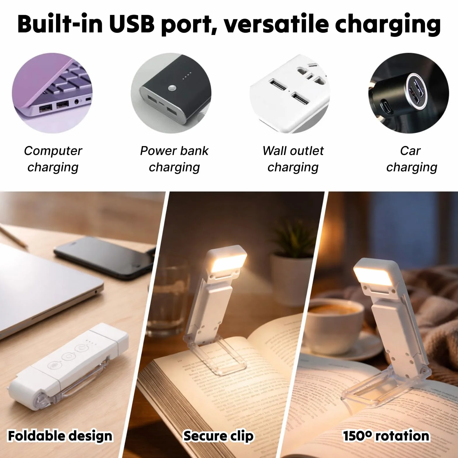 Lampe de Lecture Rechargeable à Clip, 3 Températures × 5 Niveaux, Batterie 500 mAh USB