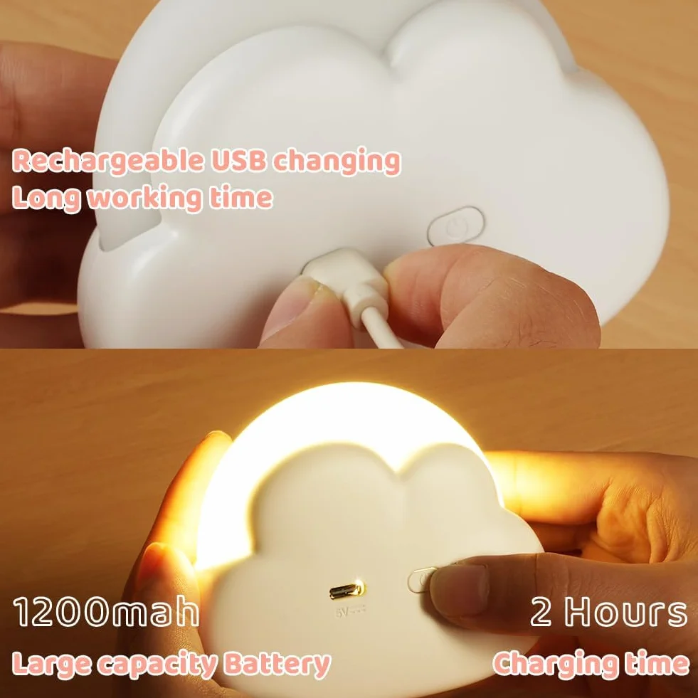 Veilleuse Enfant LED Nuage 4 Niveaux Luminosité Rechargeable Corde Silicone Lampe Chevet Blanc