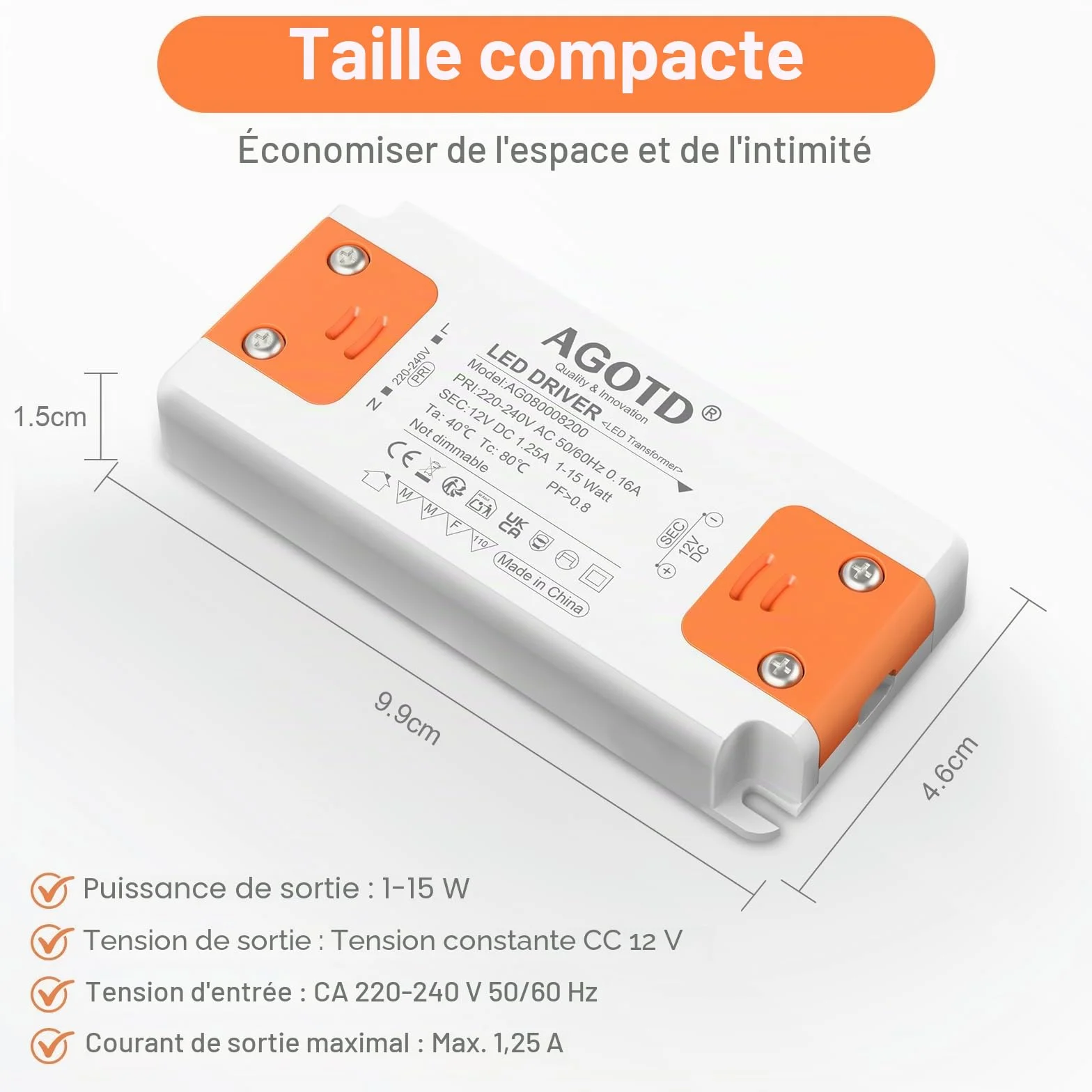 Transformateur LED 220-240V DC 12V 15W Driver Alimentation Tension Constante