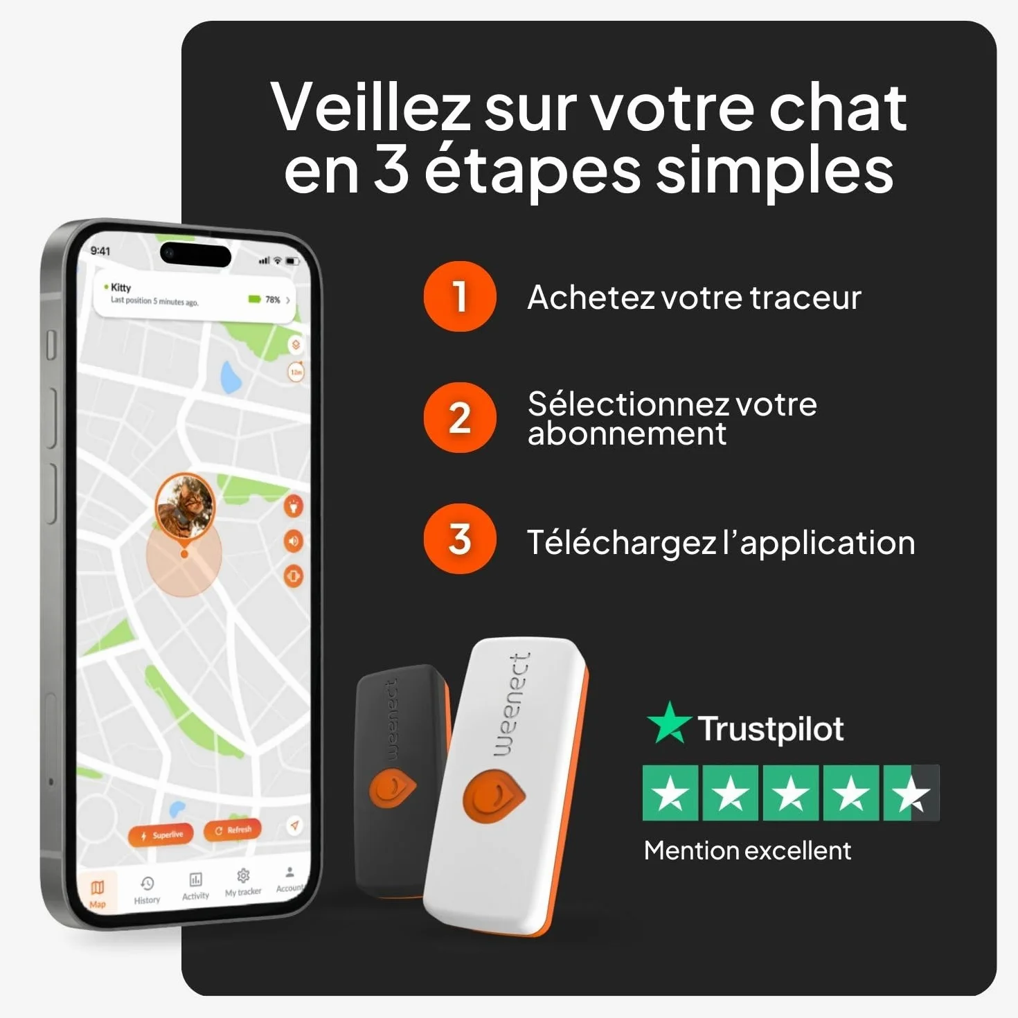 Weenect Chat XS Collier GPS pour Chat Suivi en Temps réel Plus Petit modèle du marché Fonctionne avec abonnement Collier Inclus Garantie à Vie