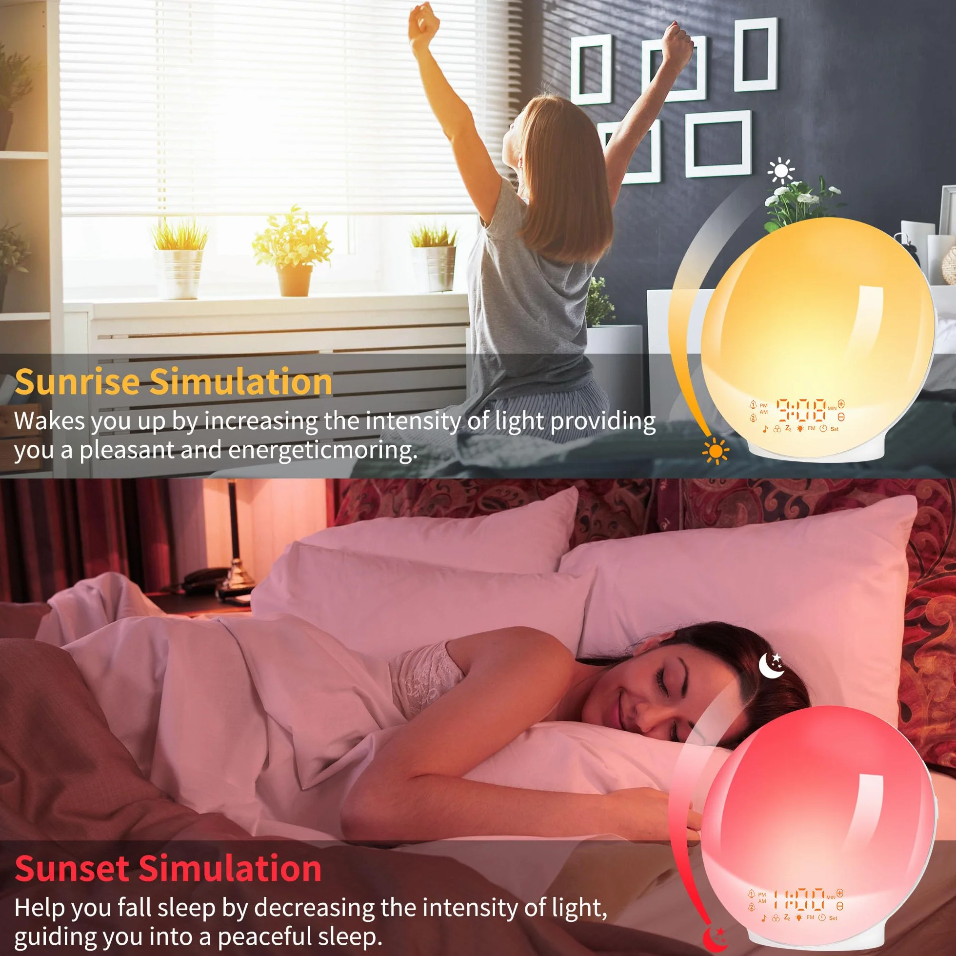 Eveil Lumière LED Radio Réveil Matin Lumineux Lampe de Chevet 20 Niveaux Luminosité Simulateur Aube Crépuscule 2 Réveils 7 Sons Naturels Snooze Veilleuse 11 Couleurs