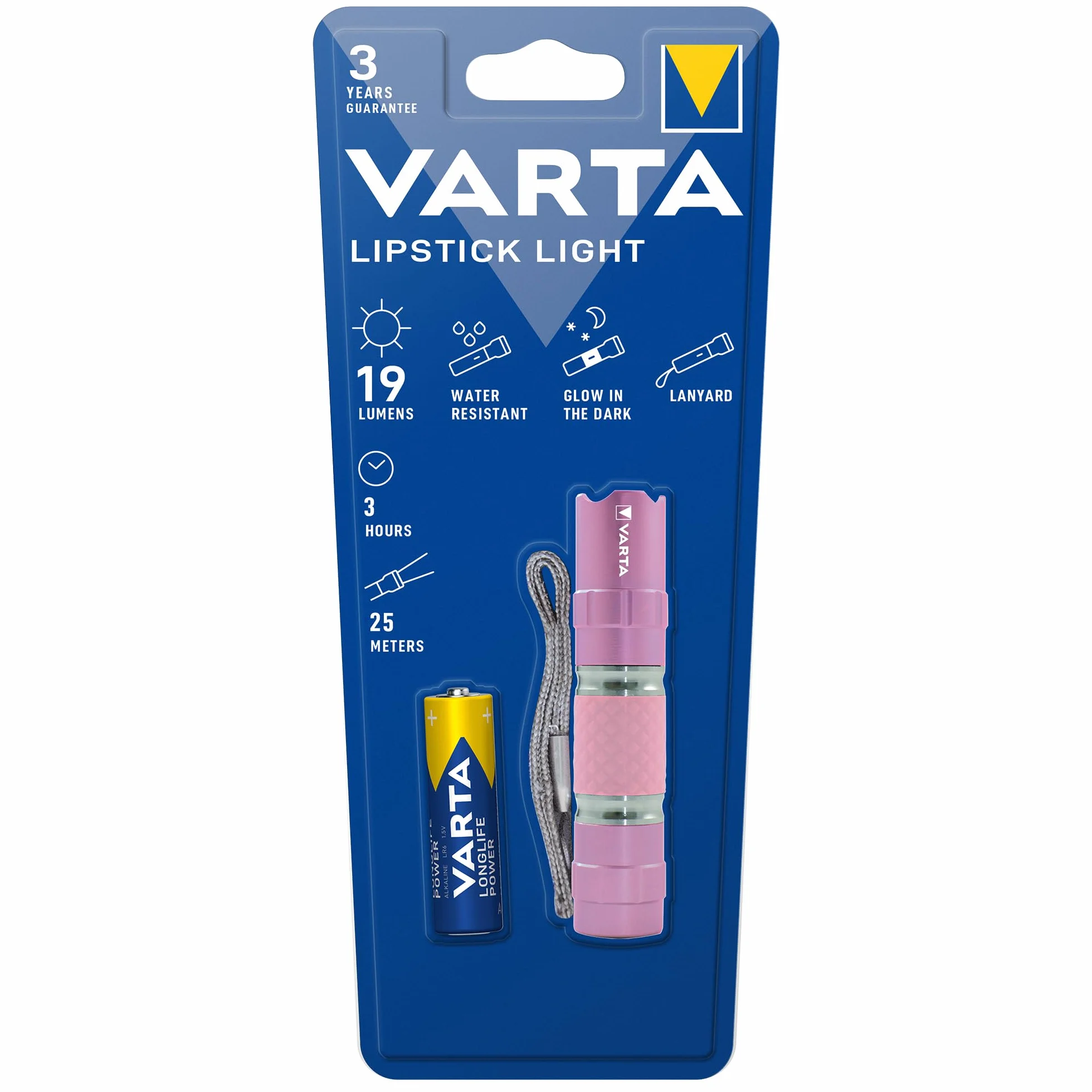 VARTA Lampe Torche LED Lipstick Light avec dragonne boîtier aluminium poignée caoutchouc brille dans le noir rose