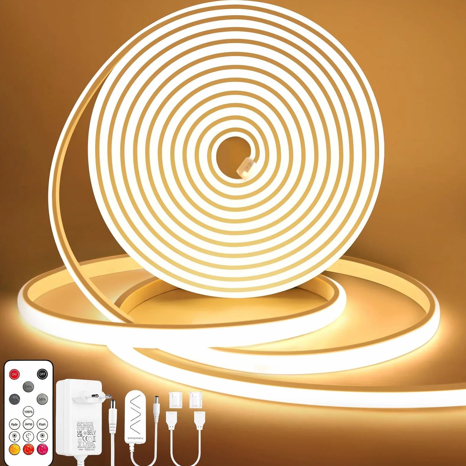 Lamomo Ruban LED COB Blanc Chaud 5M Bandeau LED IP65 Étanche Flexible 3000K 10mm Dimmable Silicone Découpable 24V Néon Strip