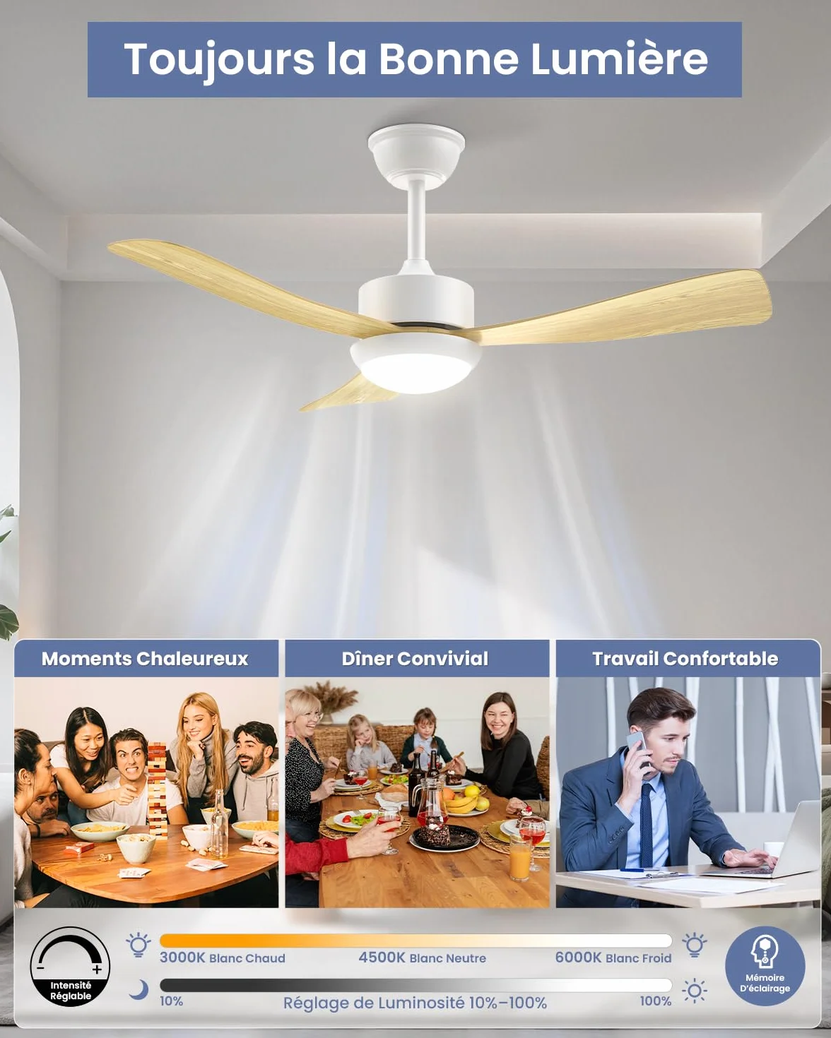 Airwit Ventilateur Plafond avec Lumière 106cm, Pales Bois, Silencieux, Télécommande, LED Dimmable, Moteur DC Réversible, 6 Vitesses
