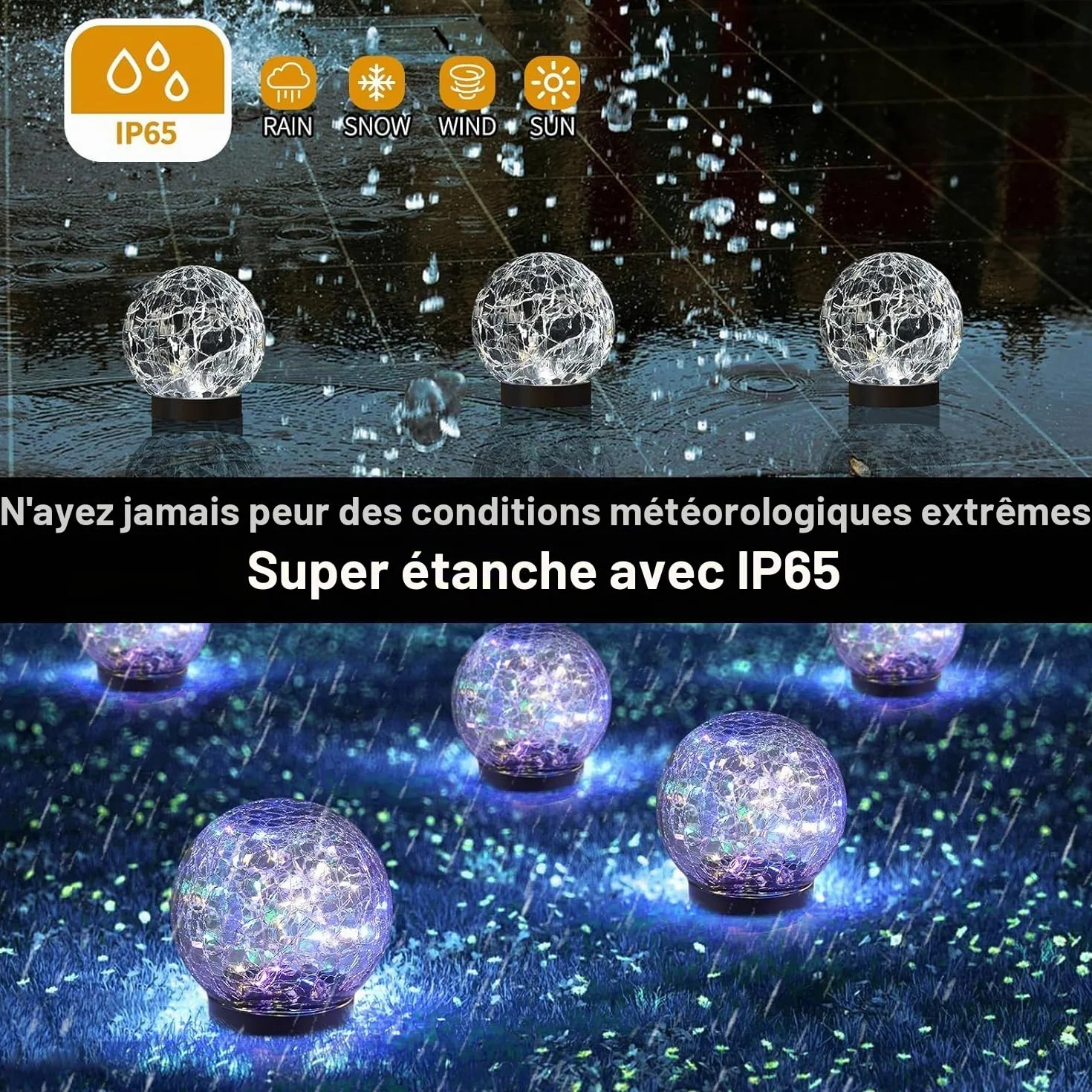 Lampes Solaires de Jardin Lot de 4 Boules en Verre Craquelé Décoration Extérieure Étanche