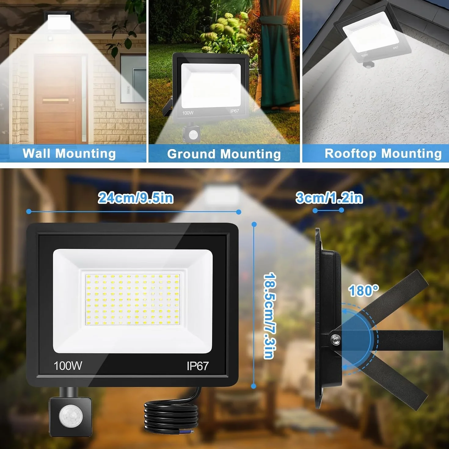 Projecteur LED Exterieur Detecteur de Mouvement 100W 10000LM 7000K IP67 Etanche Eclairage Exterieur
