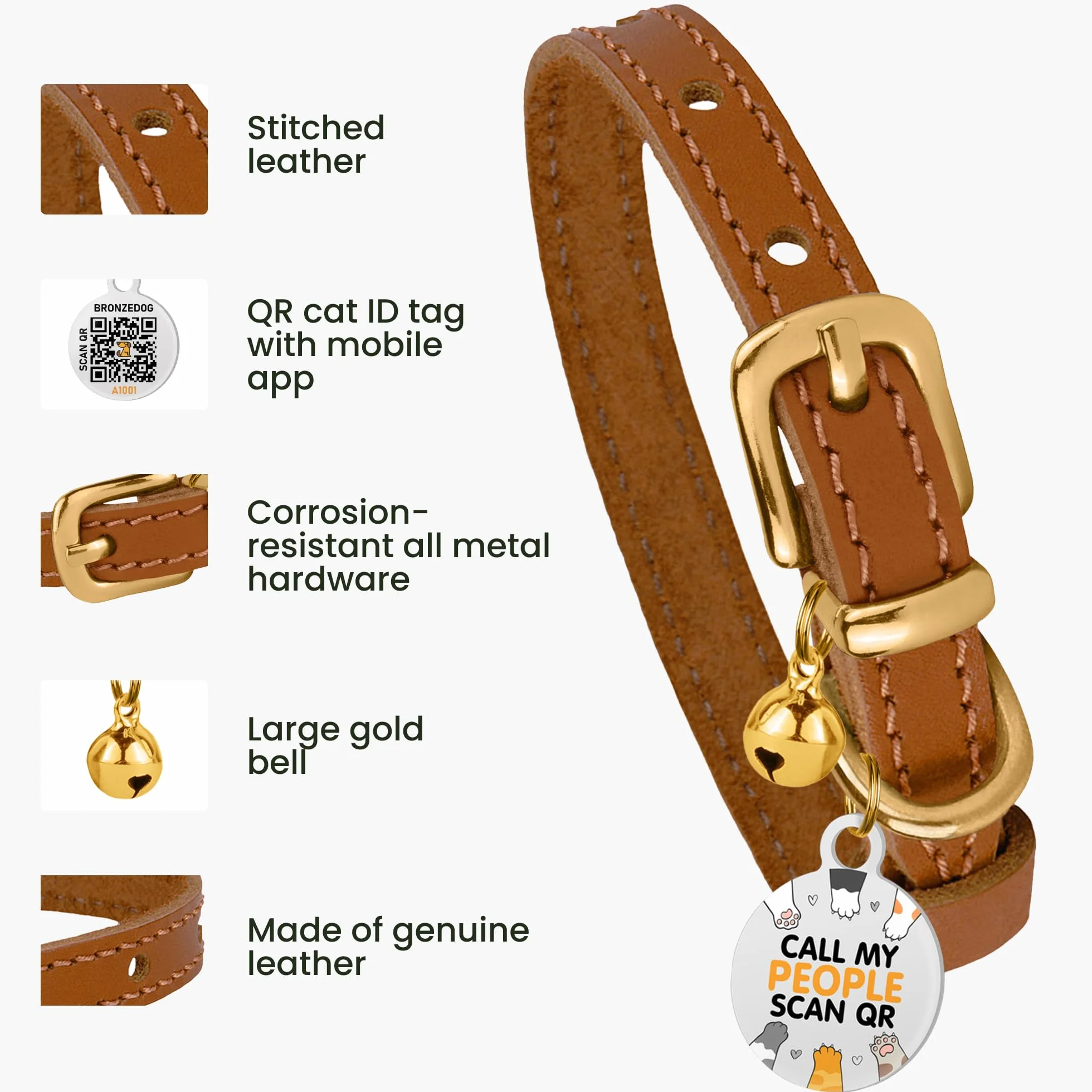 Collier pour Chat en Cuir avec Médaille QR-ID Amovible – BRONZEDOG, Non-Anti-Étranglement, Marron Clair & Or, 18-22 cm