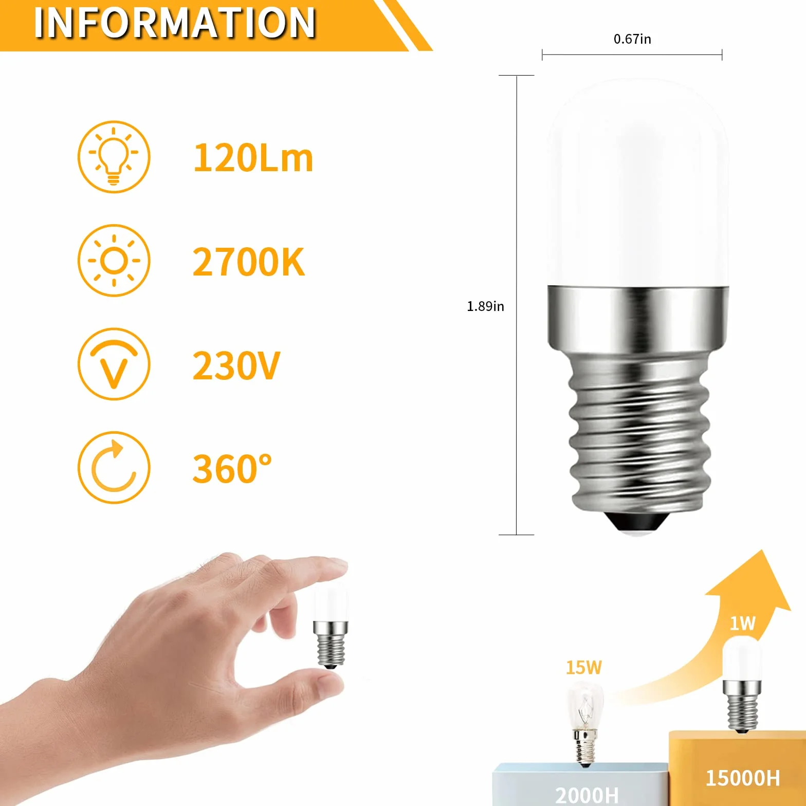 Ampoule LED E14 1W 120lm Blanc Chaud 2700K pour Réfrigérateur, 2 Pièces