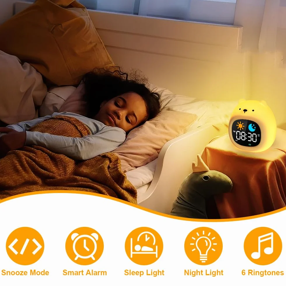 HOTUT Réveil Enfant Éducatif avec Affichage Lune et Soleil, Veilleuse RGB Couleurs, 2-10 Ans Ours