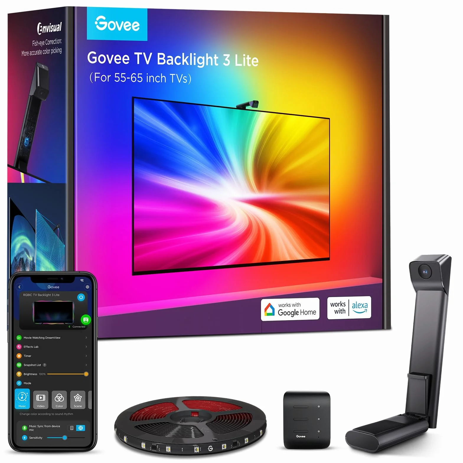 Govee TV Backlight 3 Lite avec Correction Fisheye, Ruban LED Ambilight RGBICW 3,6 m 55-65 pouces WiFi