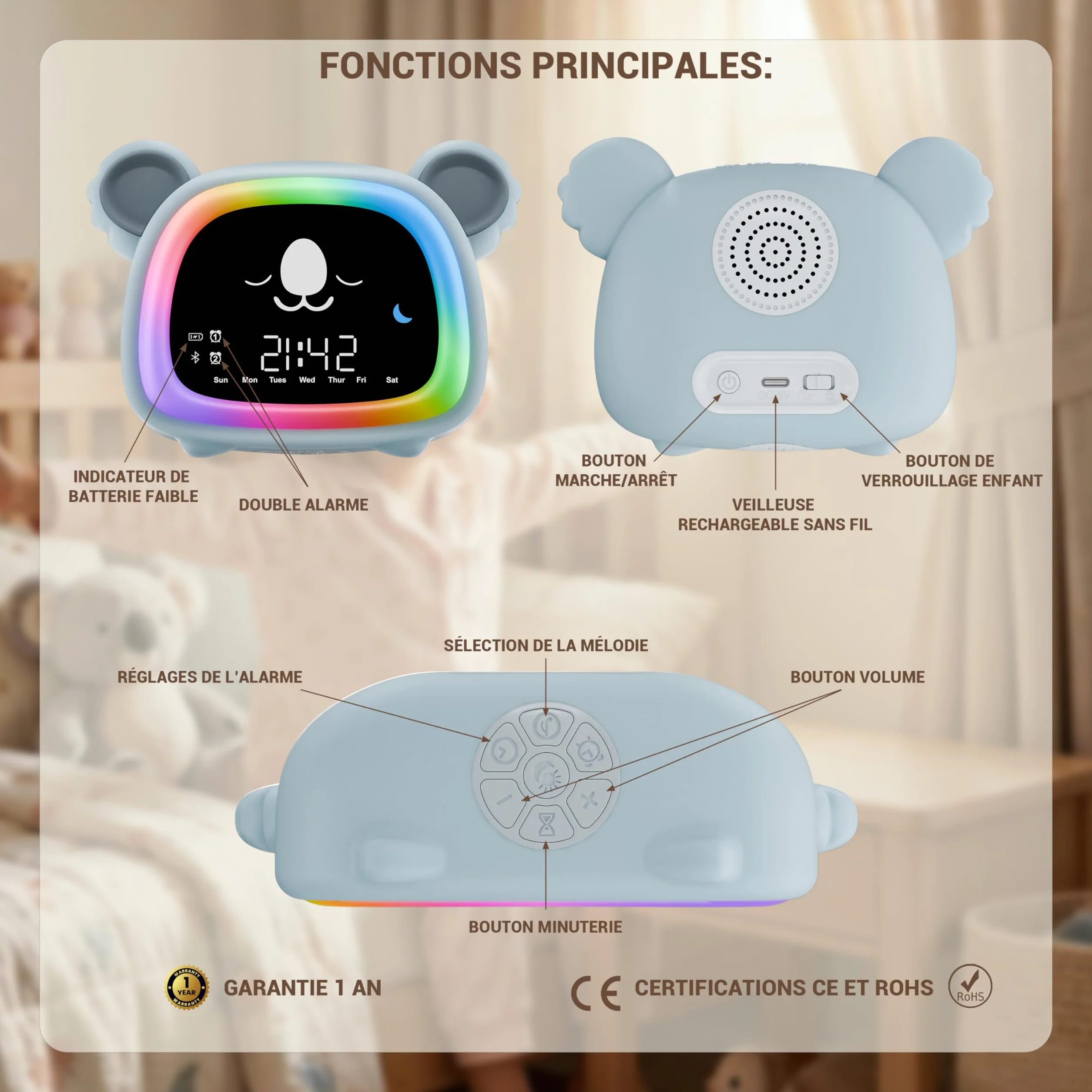 OCTAV Réveil Enfant Éducatif Bluetooth Musical Son Naturel Veilleuse LED Rechargeable Apprentissage Sommeil Soleil Lune