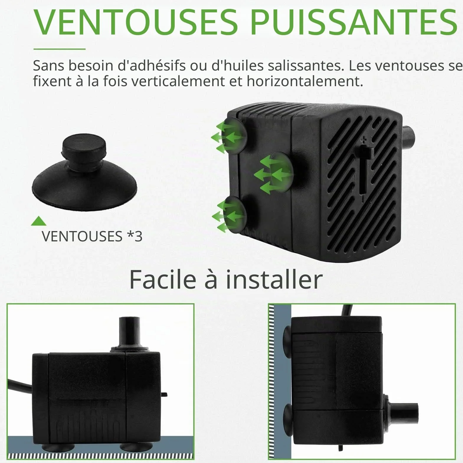 Pompe à eau aquarium silencieuse 350 L/H 5 W avec câble 1,5 m 2 buses fontaine