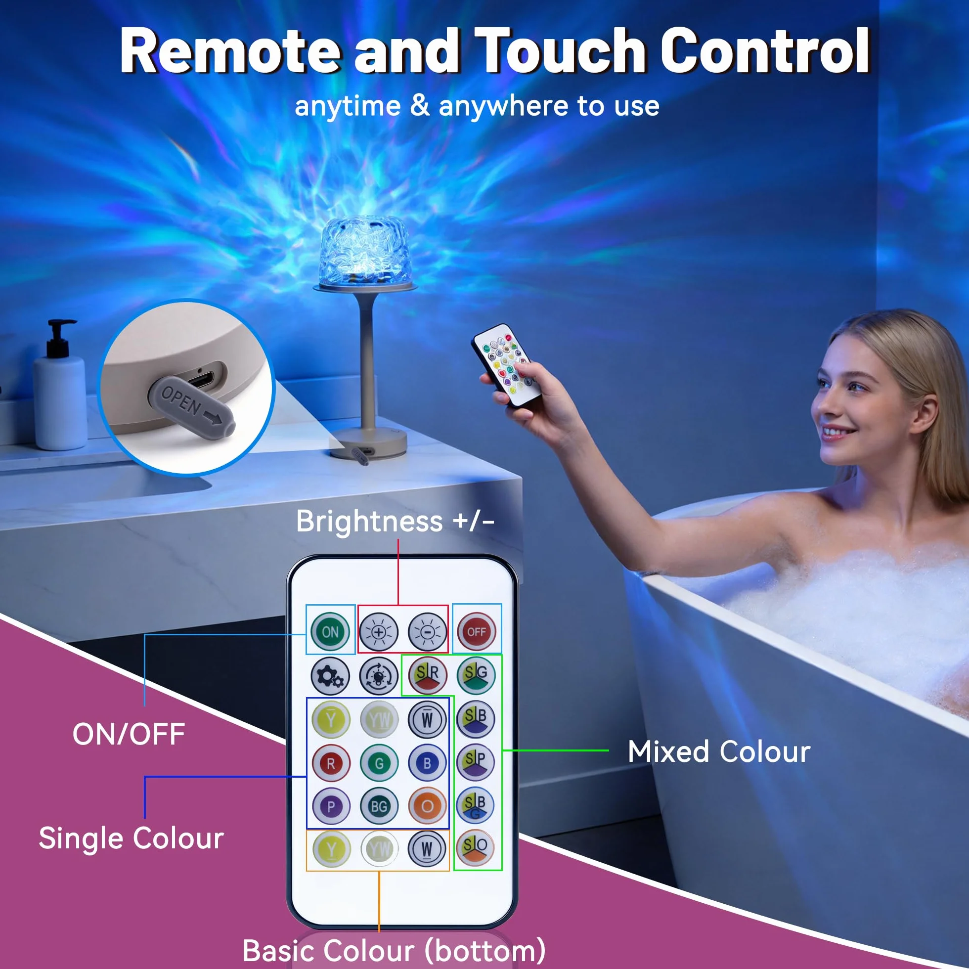 Akynite Lampe de Douche LED sans Fil 16 Couleurs RVB Étanche IP44 Tactile Télécommandée Rechargeable