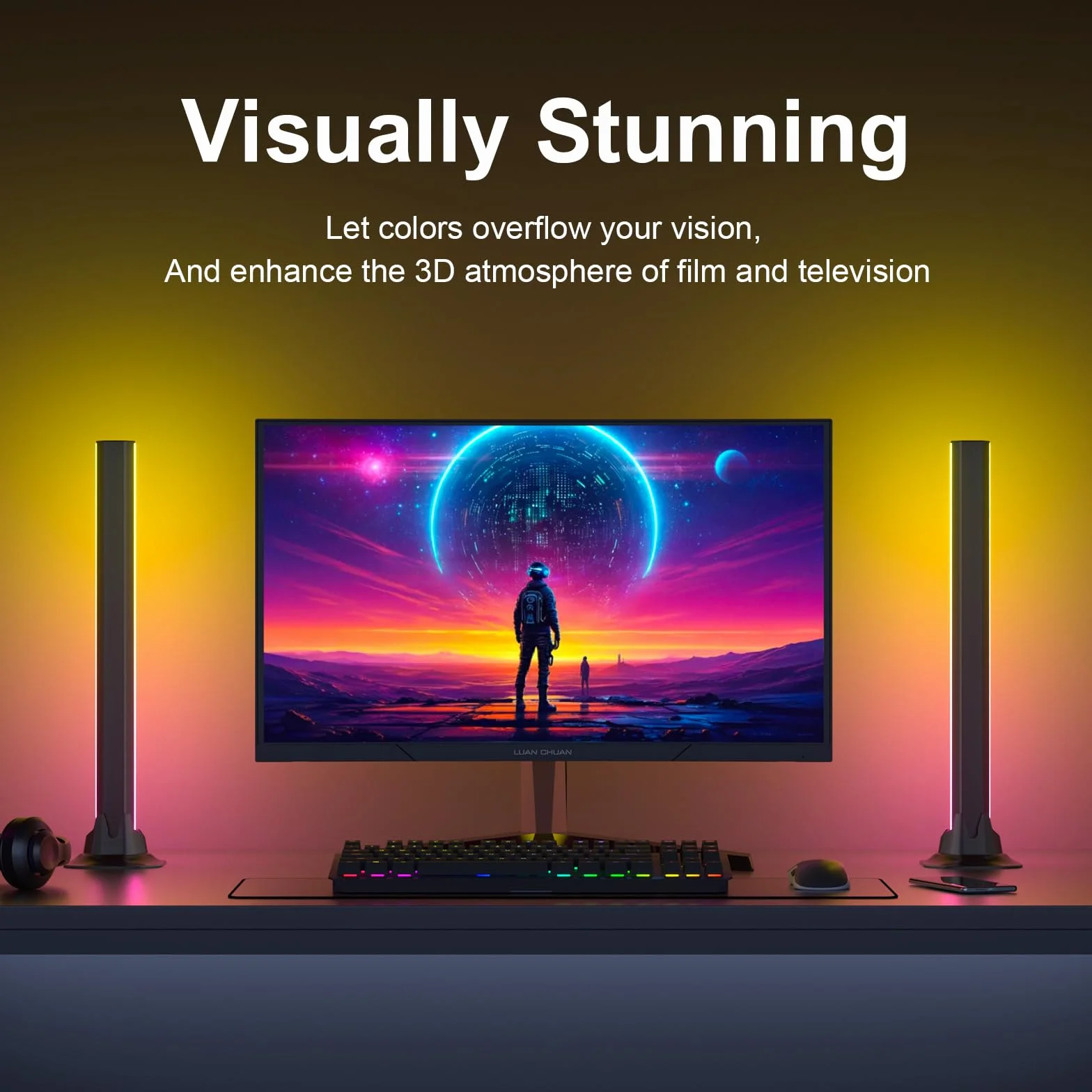 Barre LED gaming RGBIC 32 cm, lumière d’ambiance pour TV, synchronisation musicale, contrôle par application, USB 5V