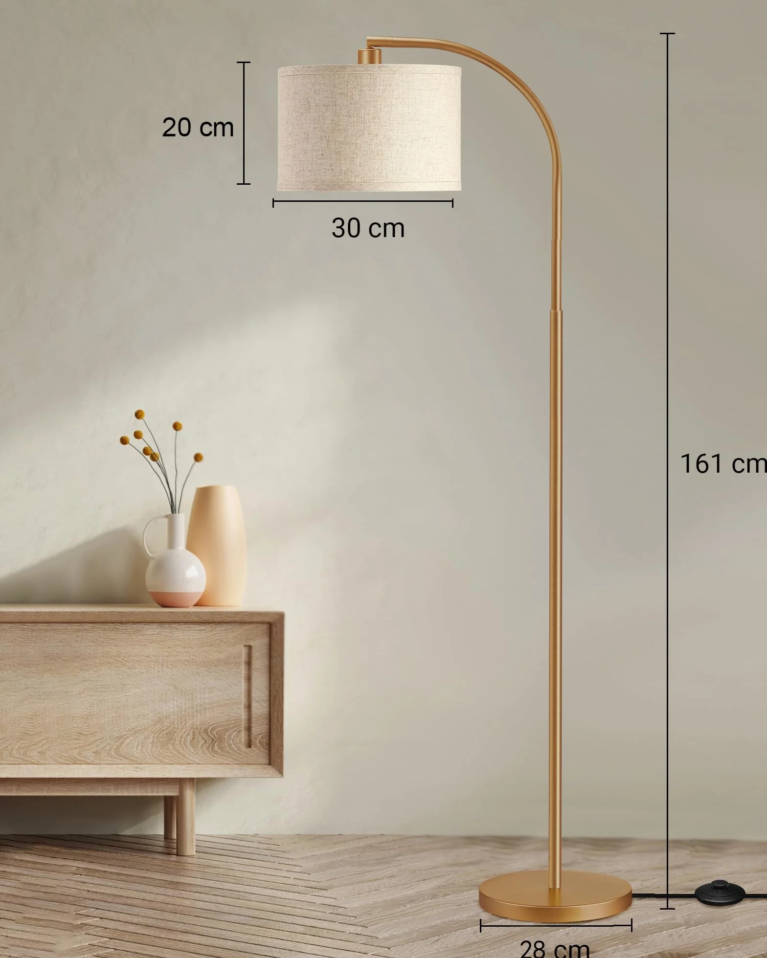 Lampadaire Doré Salon 161 cm avec Abat-Jour Lin Beige, Ampoule E27 Incluse