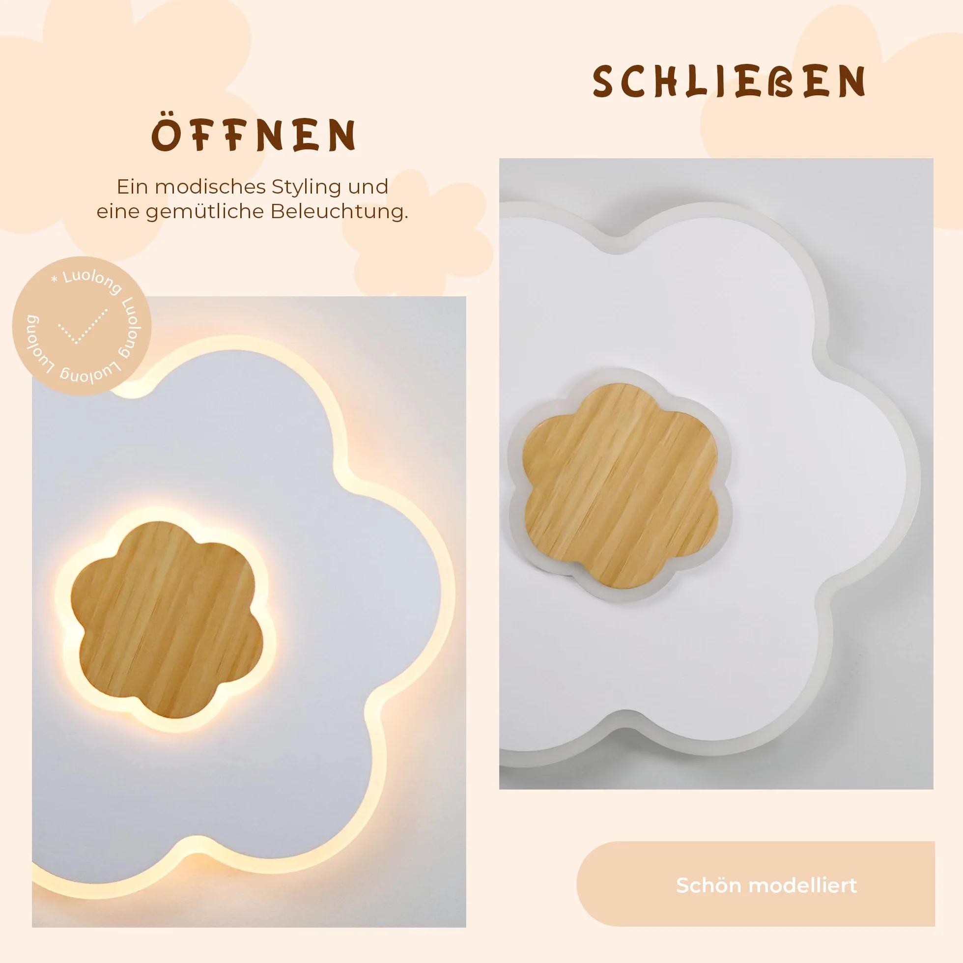 Plafonnier LED Enfant Fleur Bois Dimmable 3000K-6000K 28W 40cm Veilleuse