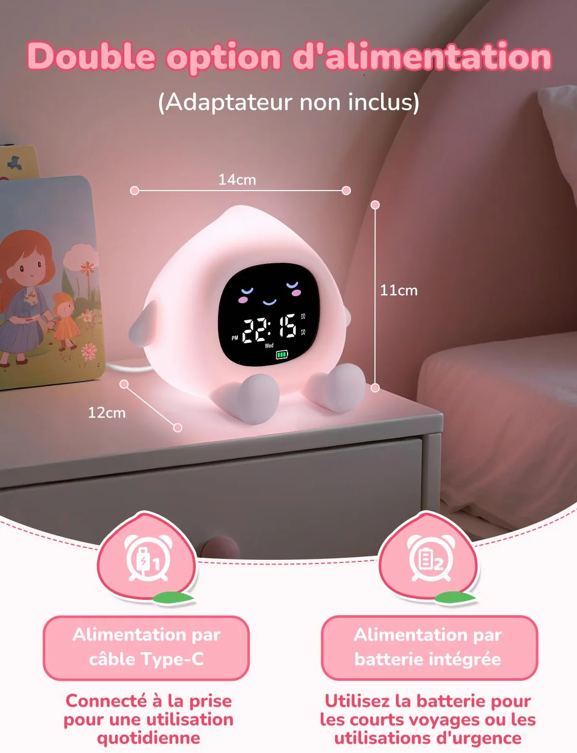 Réveil Enfant Éducatif Jour/Nuit 2 Alarme 7 Couleurs 30s Arrêt Automatique Luminosité Réglable Bruit Blanc 12/24 Heure Snooze 10 Chansons