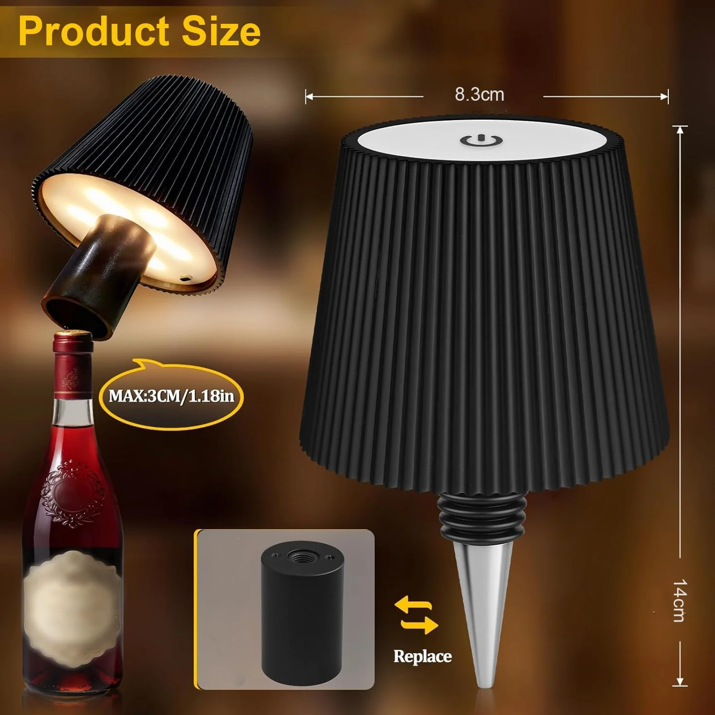 Lampe Bouteille LED Rechargeable IP54 Sans Fil, Tactile 3 Modes Température Couleur Réglable