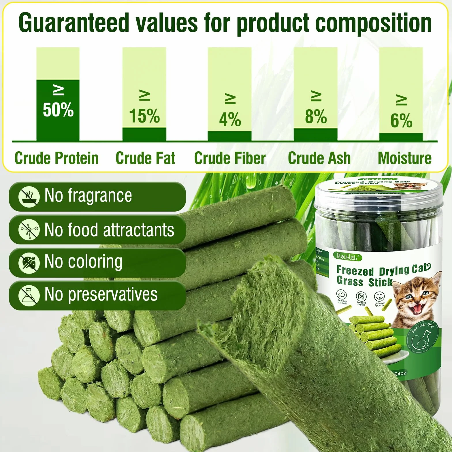 Bâton d'herbe à Chat Lyophilisé 225g, Friandises pour Chats, Nettoyage des Dents et Boules de Poils