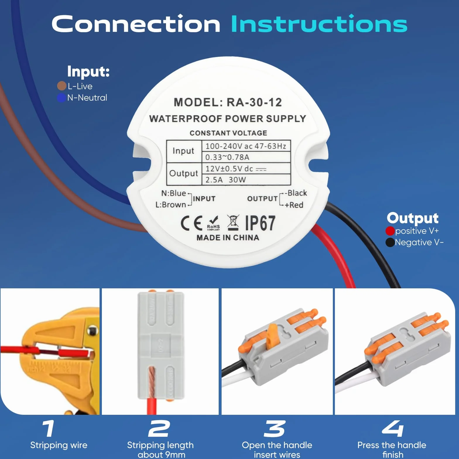 Transformateur LED 12V 30W 2.5A IP67 Étanche Alimentation Rond Ø48mm avec 2 Connecteurs