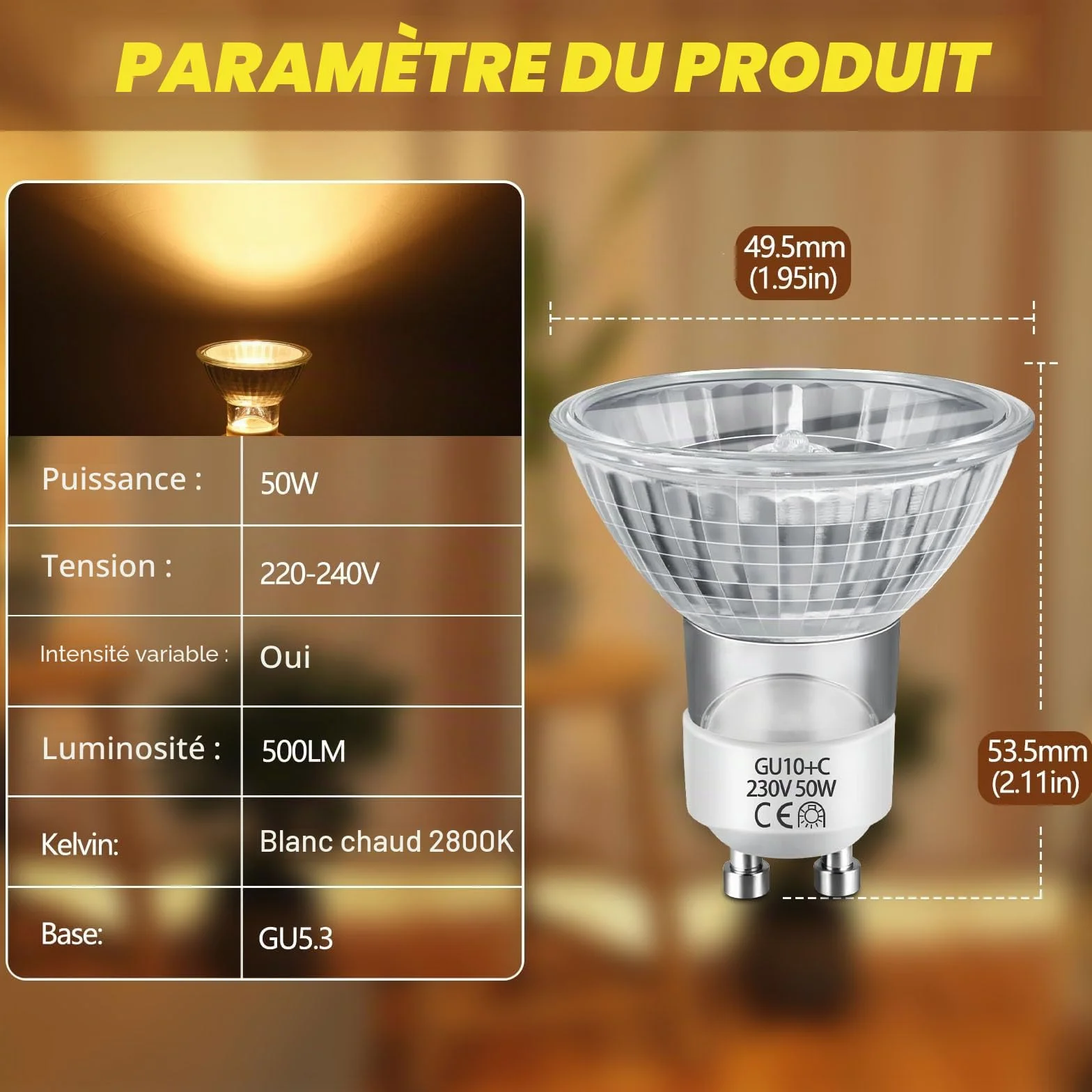 Ampoule GU10 MR16 230V 2700K 38° Lot de 6
