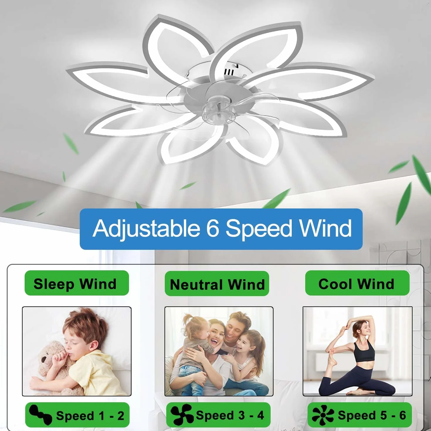 YUNZI Ventilateur de Plafond avec Lumière LED Dimmable Télécommande 6 Vitesses Blanc 90CM