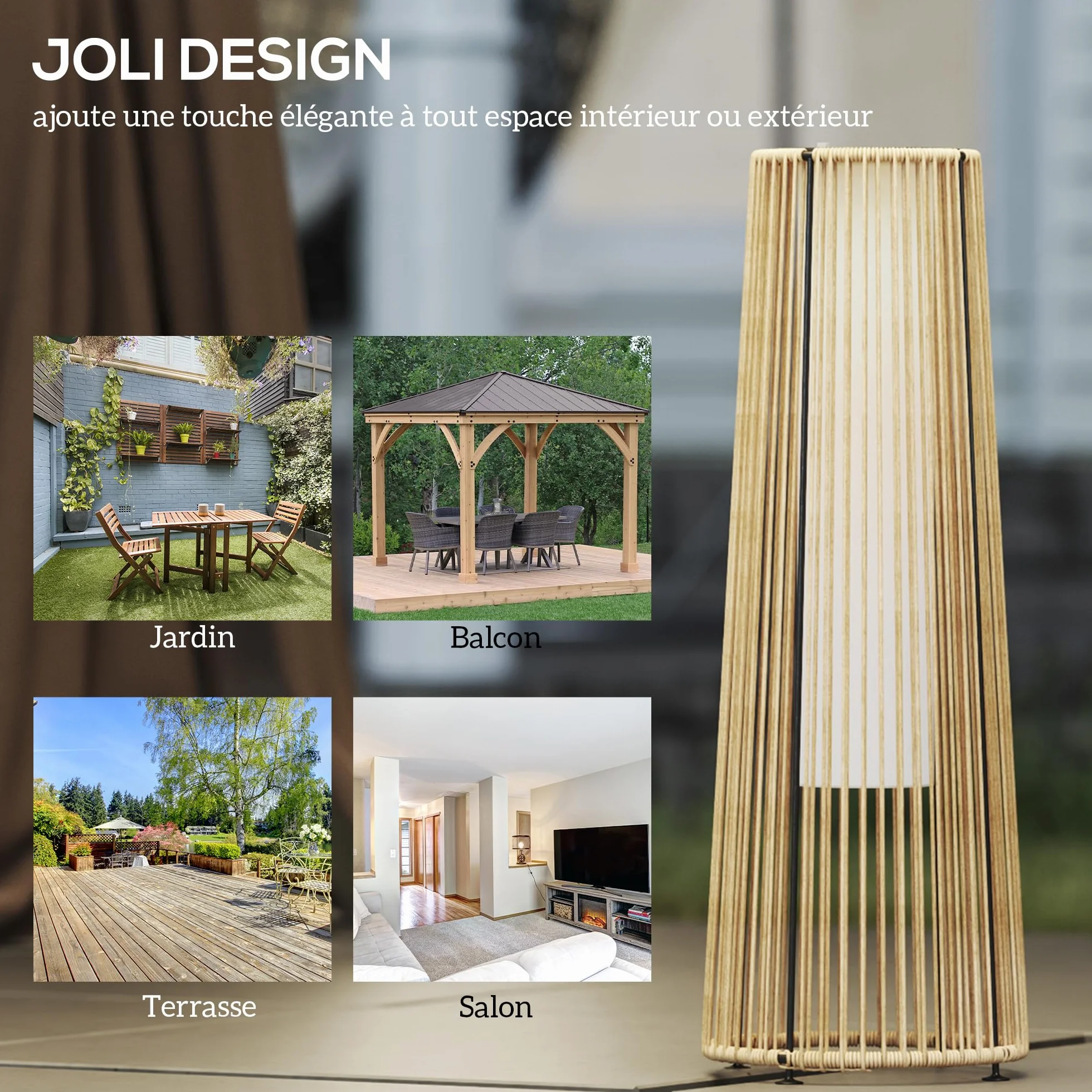 Outsunny Lampadaire LED de jardin style colonial résine tressée Ø 21,5 x 61 cm beige