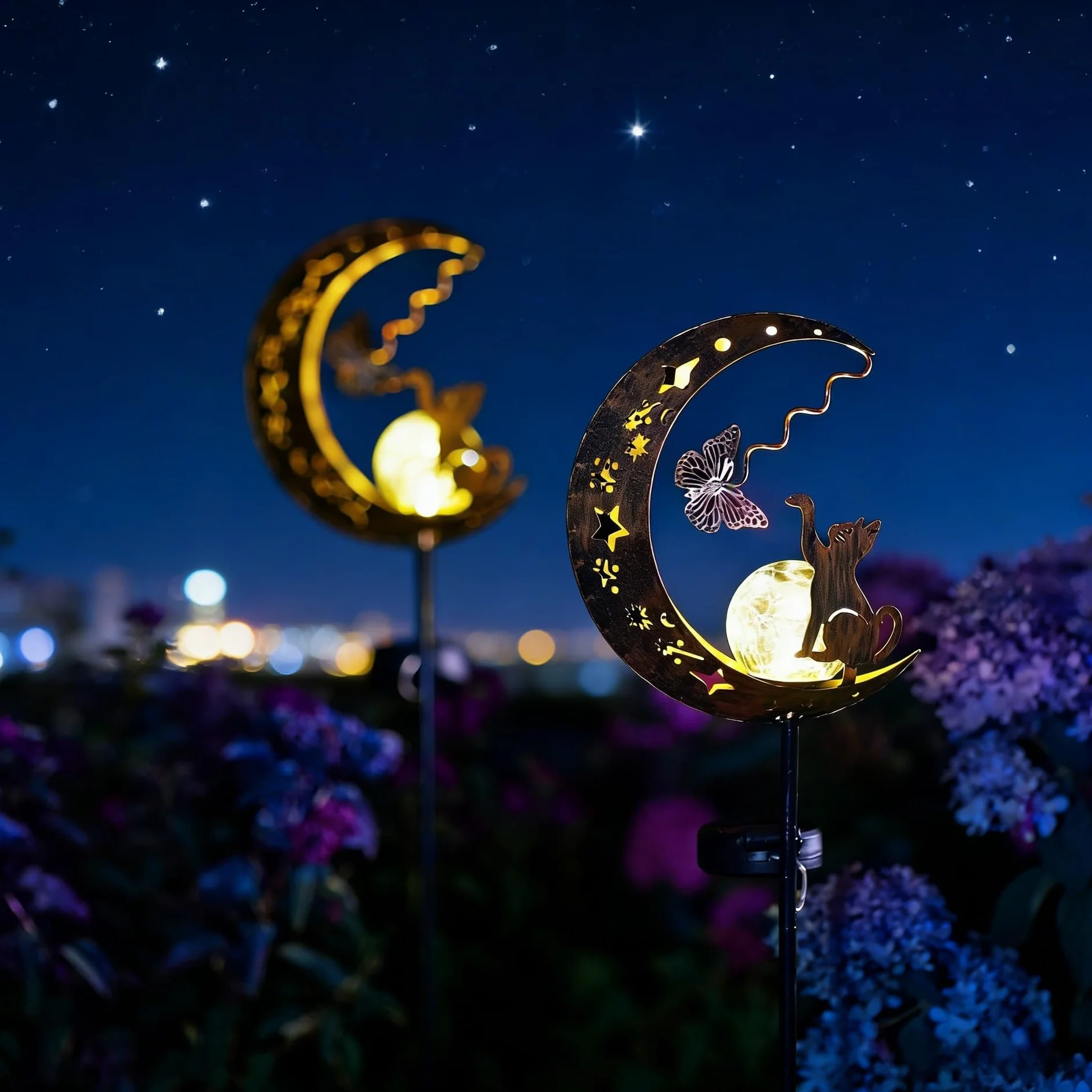 YeahBoom Lampes solaires de jardin décoratives avec motif lune et chat, étanche pour extérieur