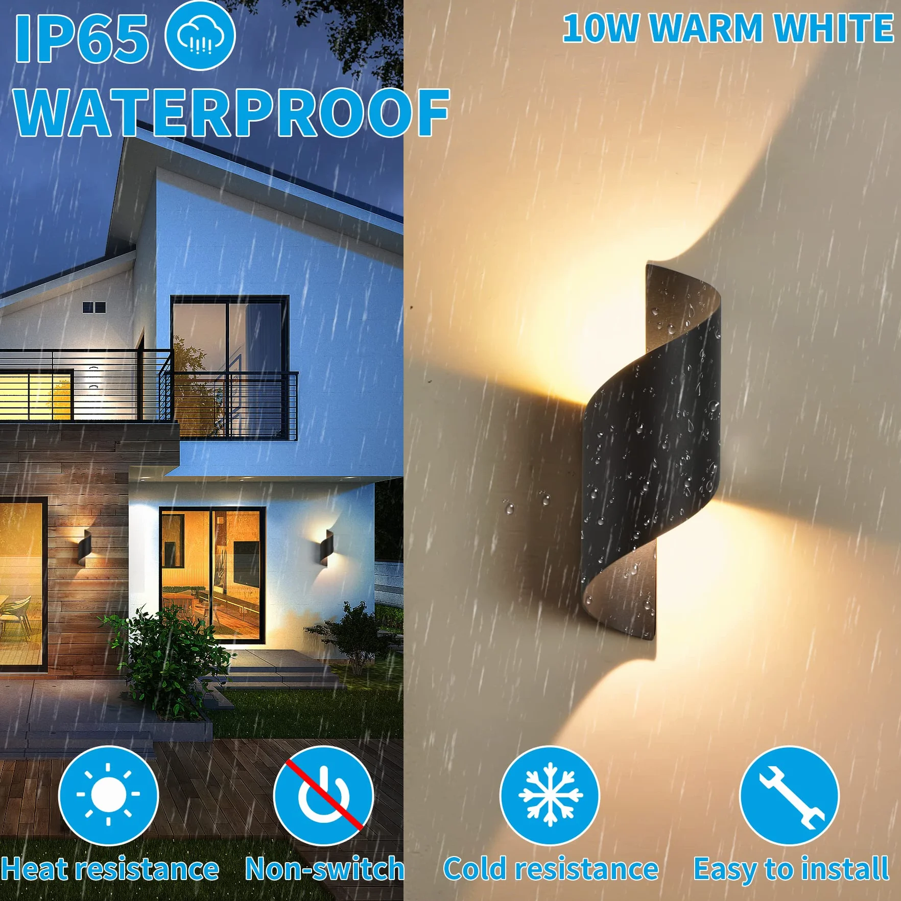 KUKAK LED Applique Murale 10W 3000K Blanc Chaud IP65 Extérieur Intérieur 2pc