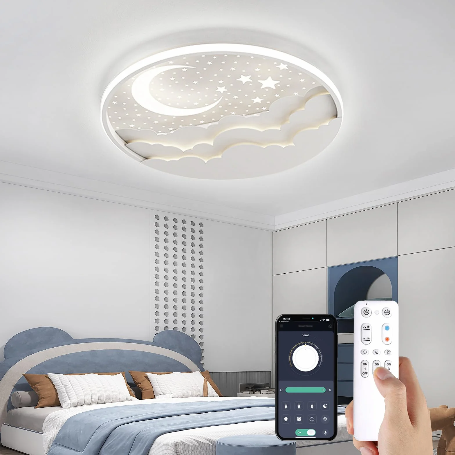 Plafonnier LED Enfant 40cm Étoile Lune Dimmable avec Télécommande APP Veilleuse